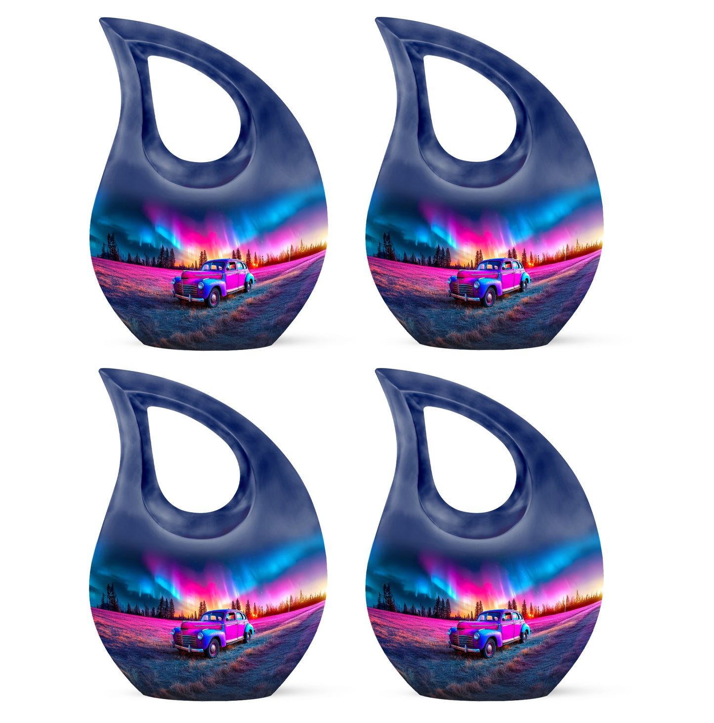 Royal Blue Car Cremation Urn lifestyle display on memorial shelf - faith-inspired cross-drop urn with car pattern - 10 inch aluminum urn for cremated remains