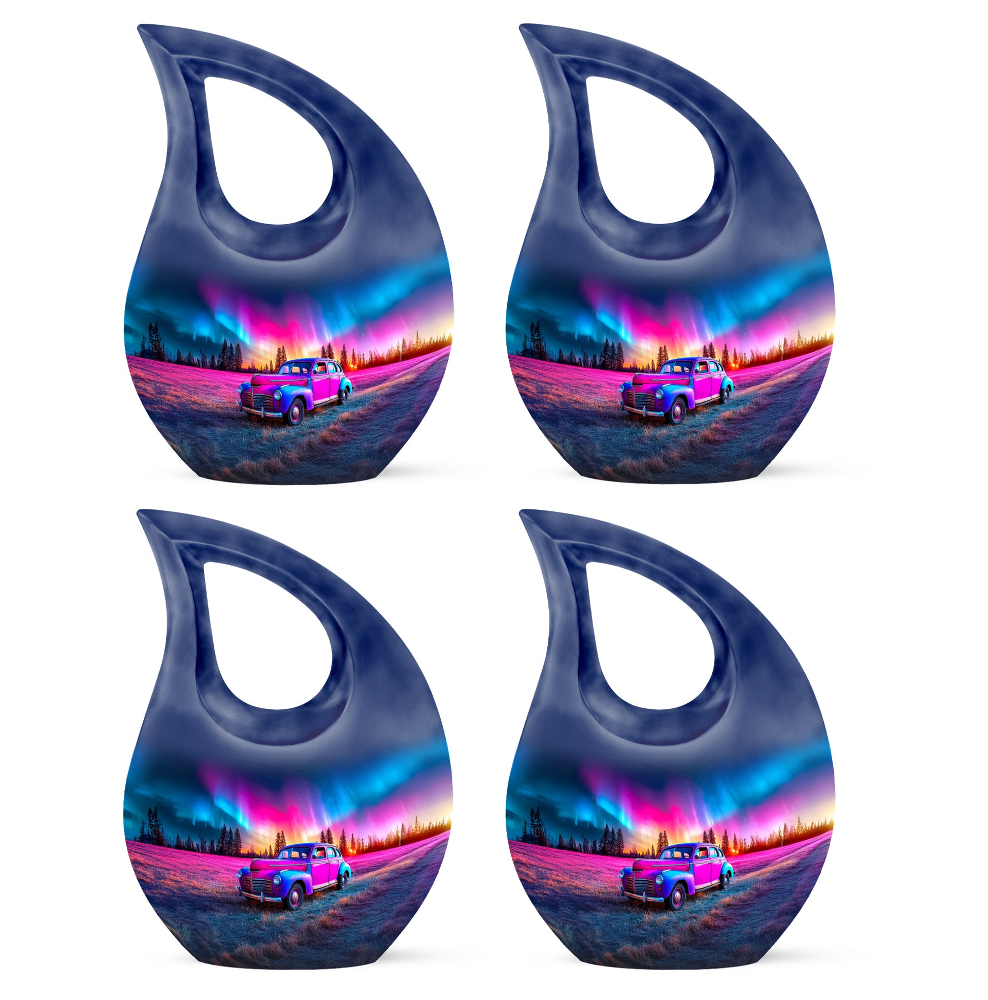 Royal Blue Car Cremation Urn lifestyle display on memorial shelf - faith-inspired cross-drop urn with car pattern - 10 inch aluminum urn for cremated remains