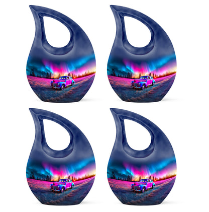 Royal Blue Car Cremation Urn lifestyle display on memorial shelf - faith-inspired cross-drop urn with car pattern - 10 inch aluminum urn for cremated remains