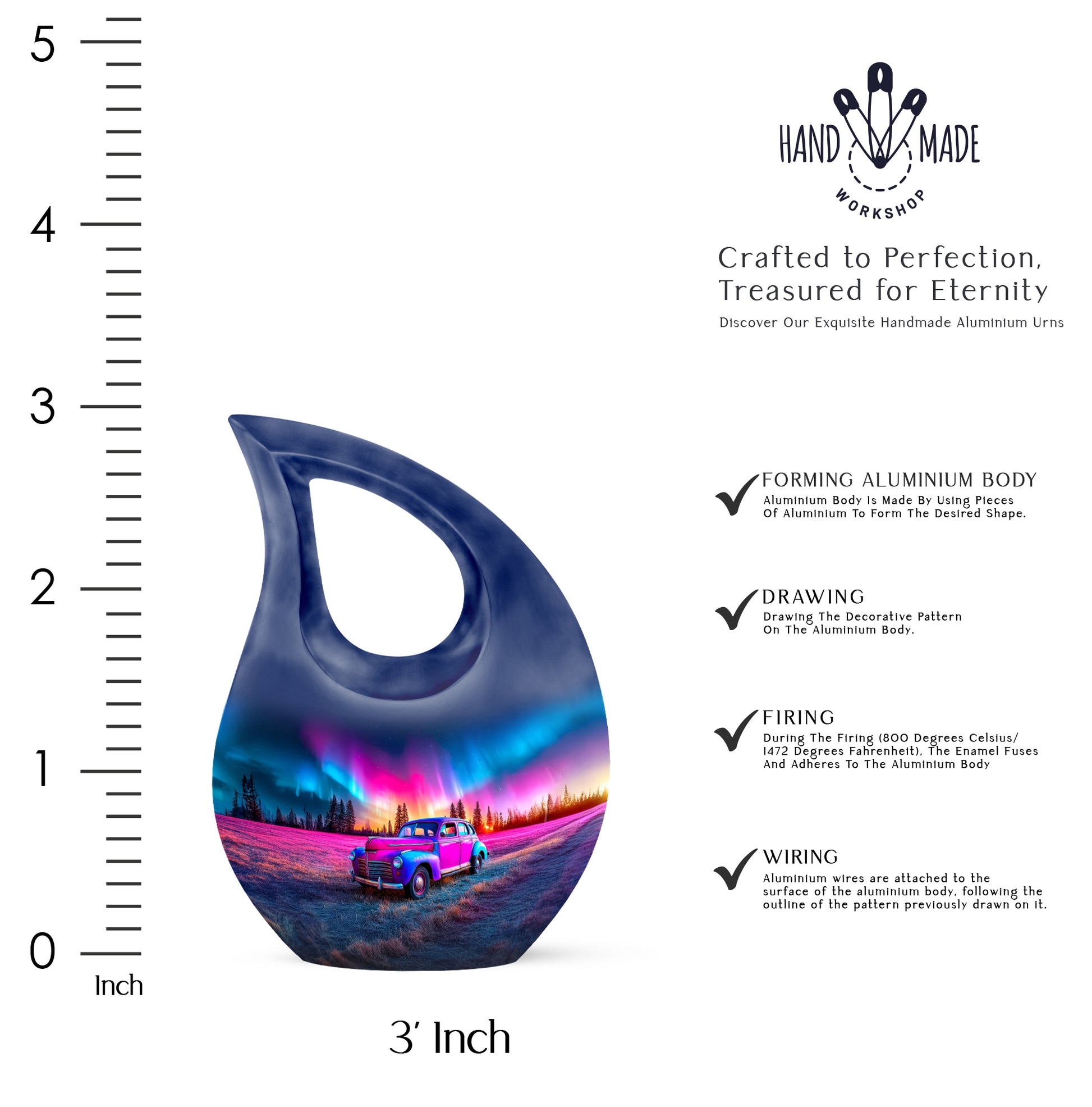 Indigo Car Cremation Urn back view with polished surface - cross and car combined in spiritual memorial design - mini keepsake memorial for portion of cremation ashes