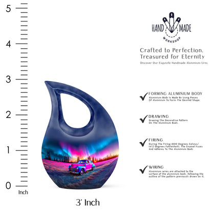 Indigo Car Cremation Urn back view with polished surface - cross and car combined in spiritual memorial design - mini keepsake memorial for portion of cremation ashes