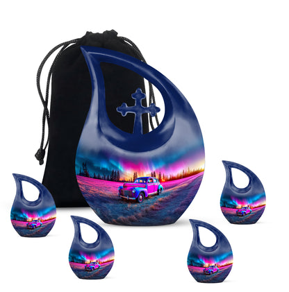 Dusty Blue Car Cremation Urn urn with complimentary velvet bag - sacred cross merged with car motif on metal - memorial set with one large and four small urns