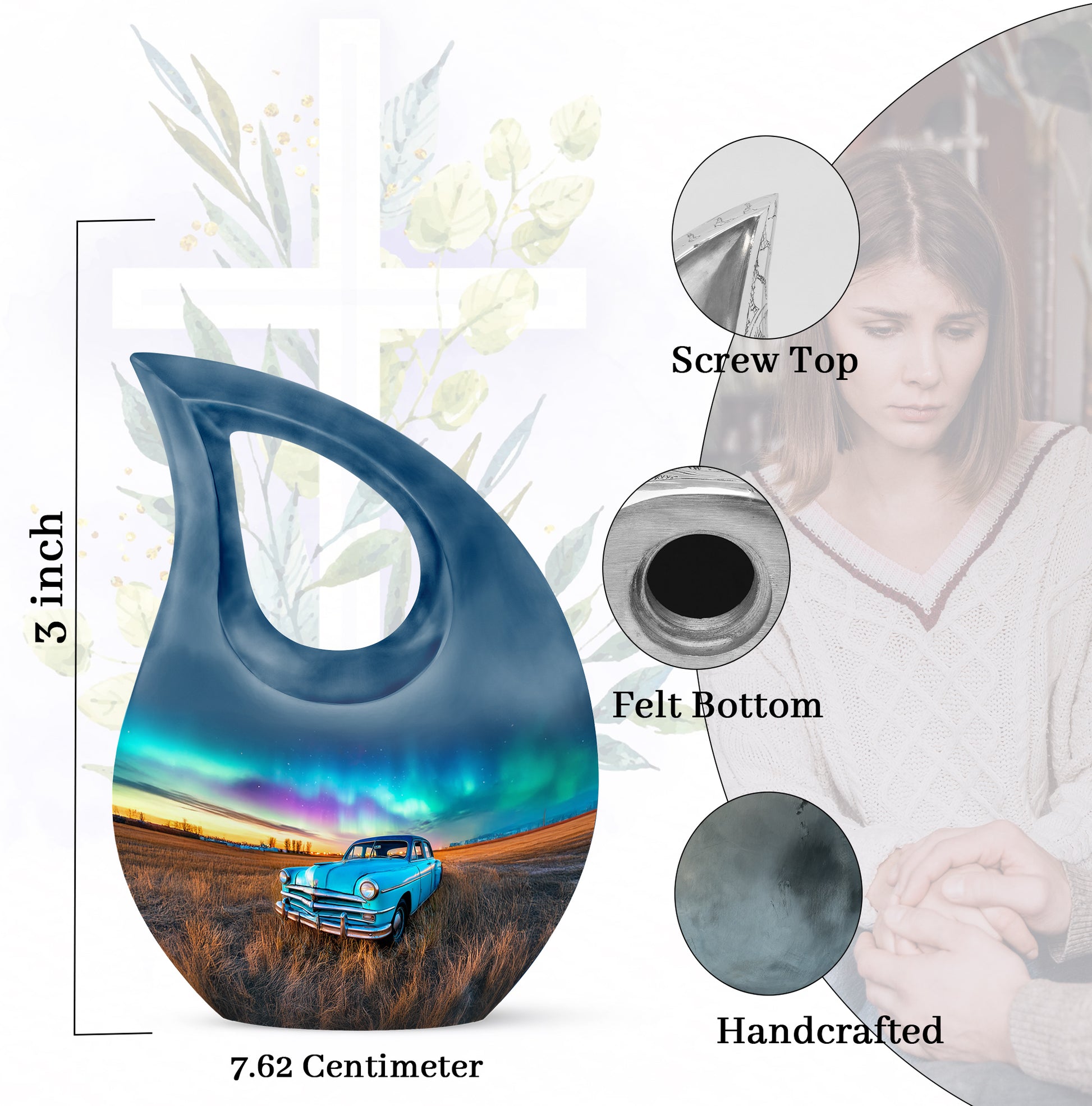 Cobalt Blue Car Cremation Urn back view with polished surface - faith-inspired cross-drop urn with car pattern - mini keepsake memorial for portion of cremation ashes
