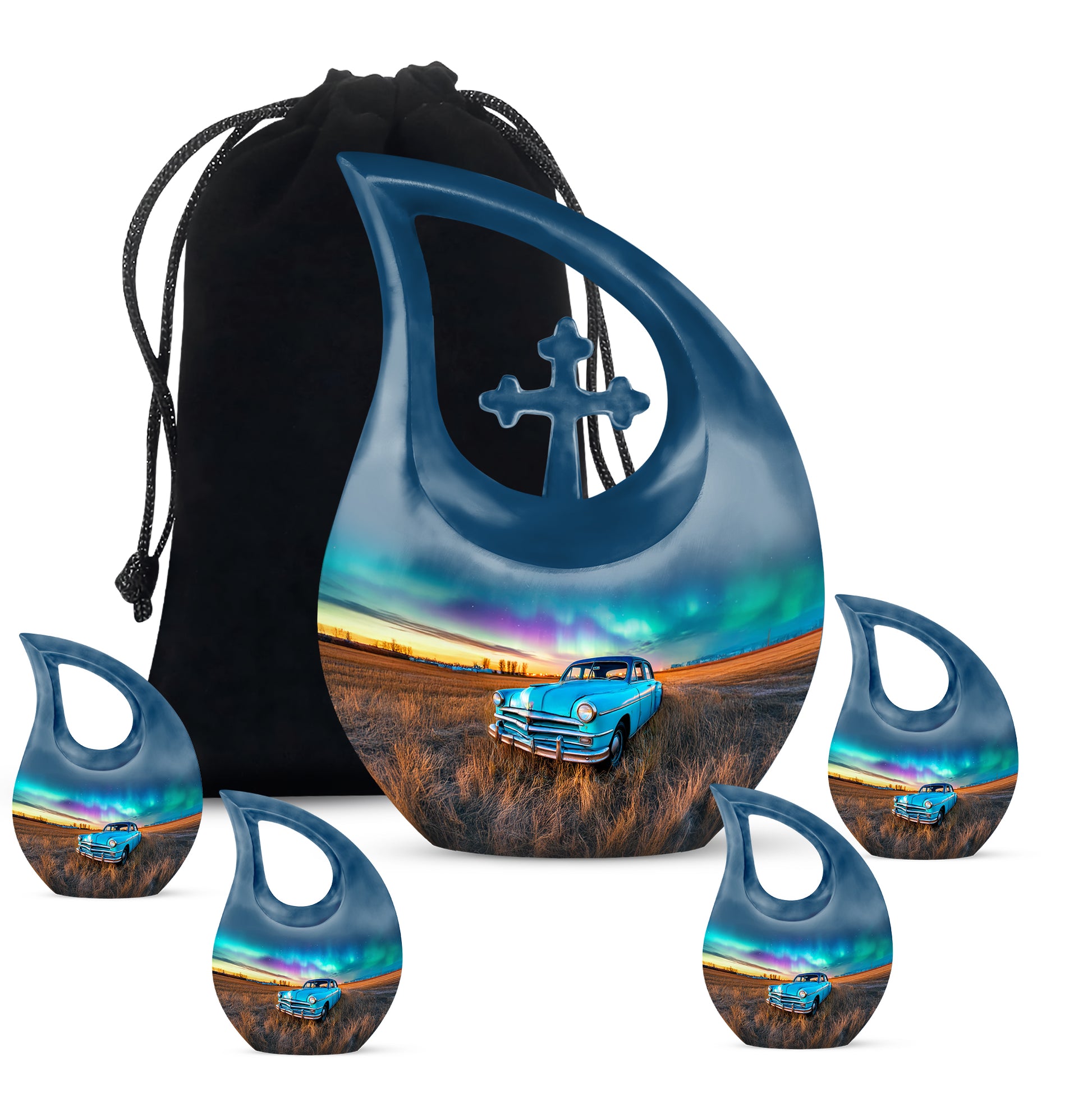 Sky Blue Car Cremation Urn urn with complimentary velvet bag - cross and car combined in spiritual memorial design - memorial set with one large and four small urns