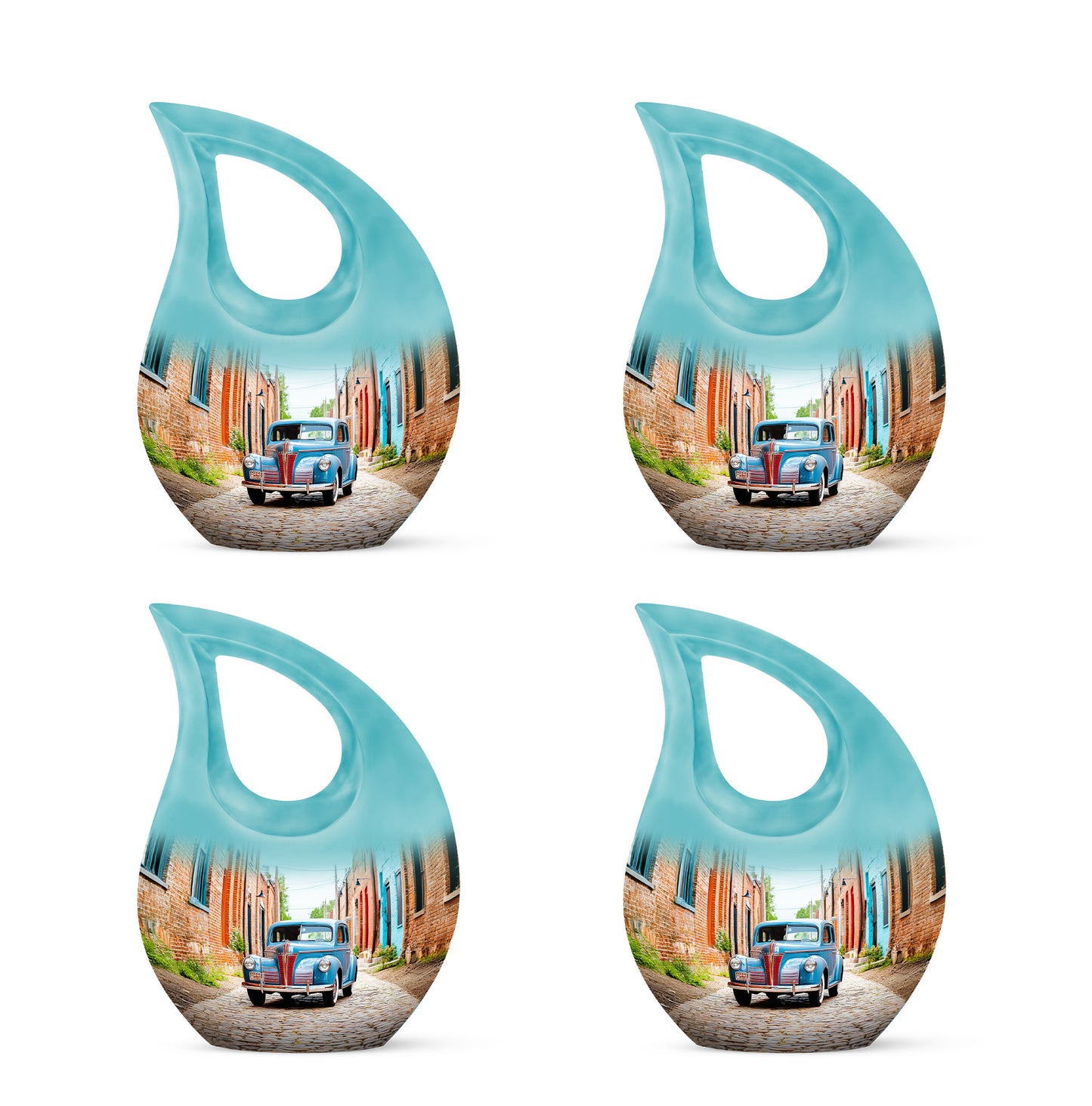 Satin Silver Car Cremation Urn lifestyle display on memorial shelf - sacred cross merged with car motif on metal - 10 inch aluminum urn for cremated remains