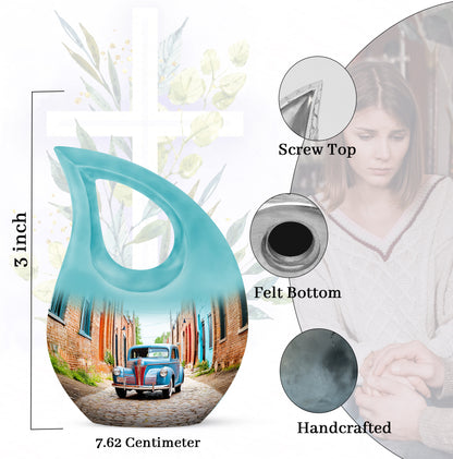 Moonlight Silver Car Cremation Urn back view with polished surface - faith-inspired cross-drop urn with car pattern - mini keepsake memorial for portion of cremation ashes