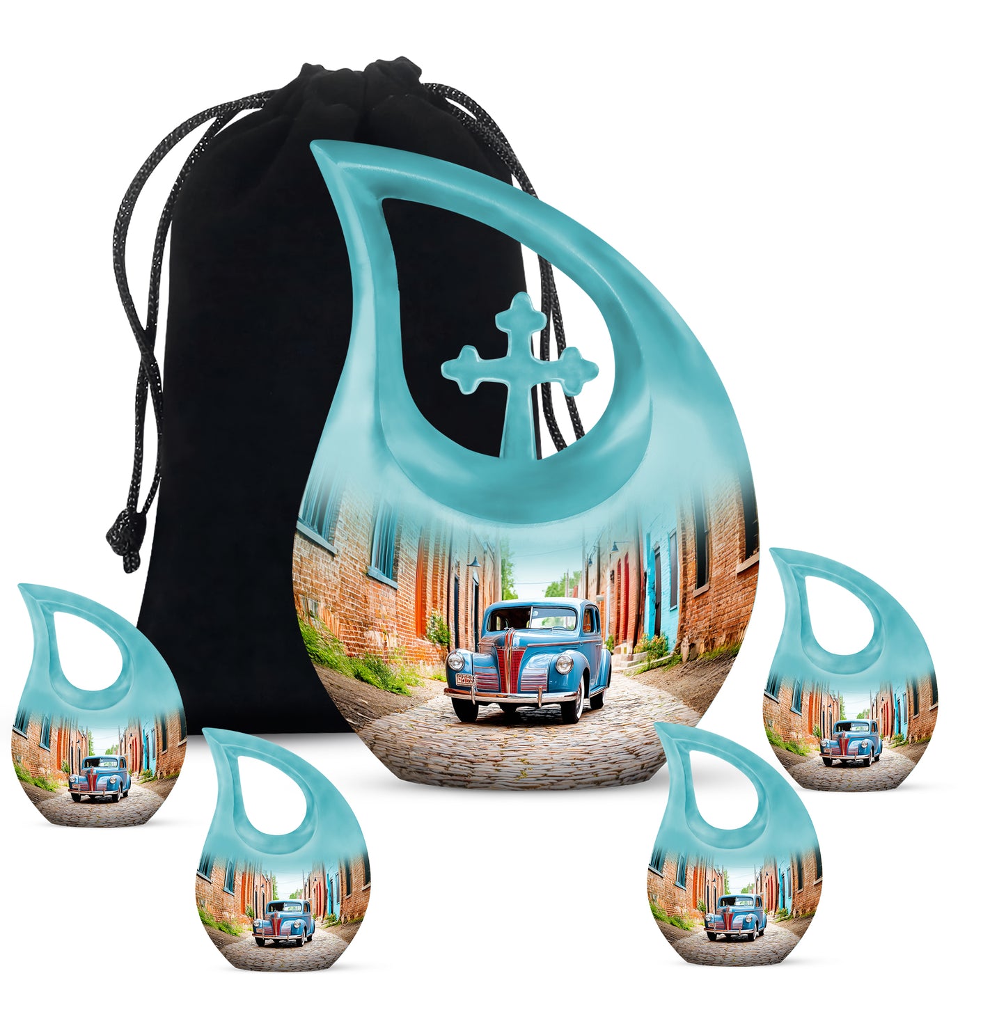 Brushed Silver Car Cremation Urn urn with complimentary velvet bag - cross and car combined in spiritual memorial design - memorial set with one large and four small urns