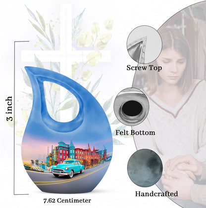 Indigo Car Cremation Urn back view with polished surface - cross and car combined in spiritual memorial design - mini keepsake memorial for portion of cremation ashes