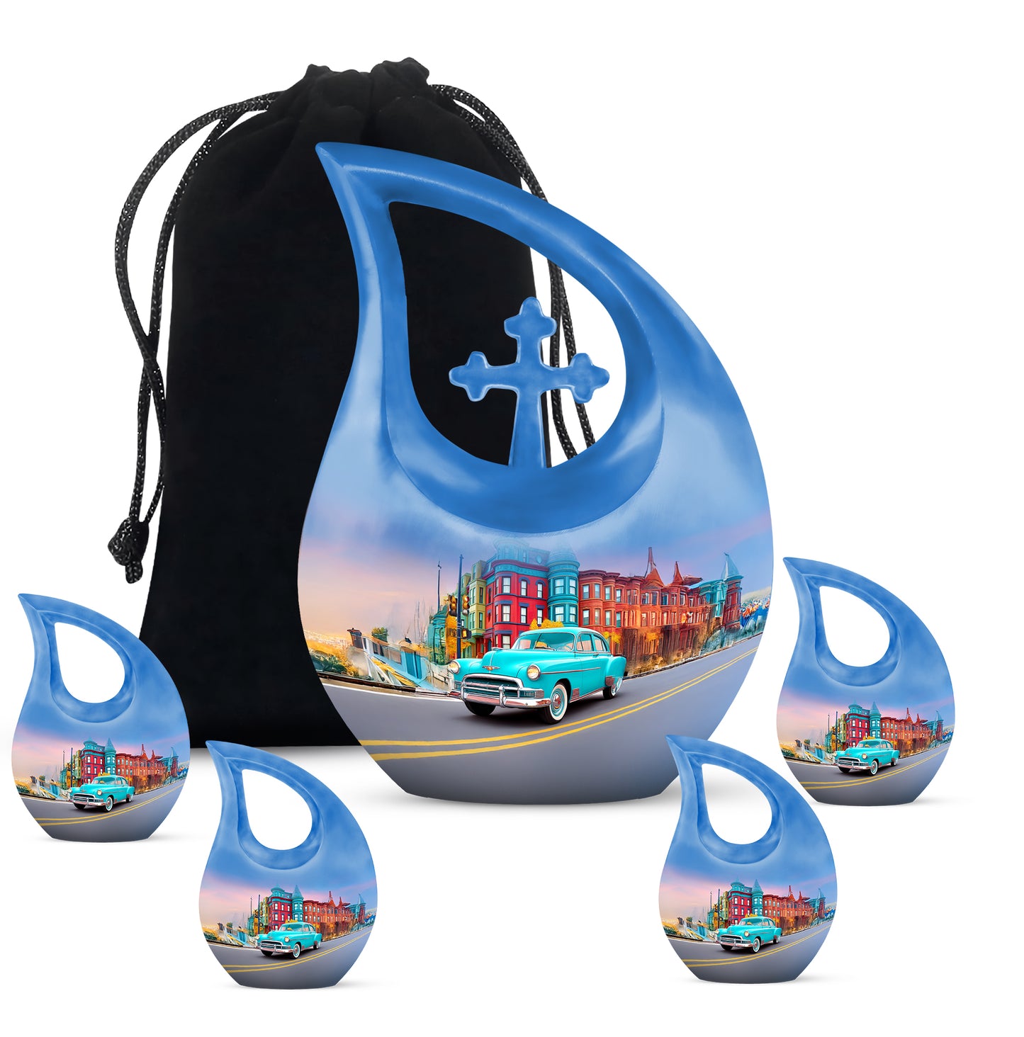 Cobalt Blue Car Cremation Urn urn with complimentary velvet bag - devotional cross-drop car engraving - memorial set with one large and four small urns