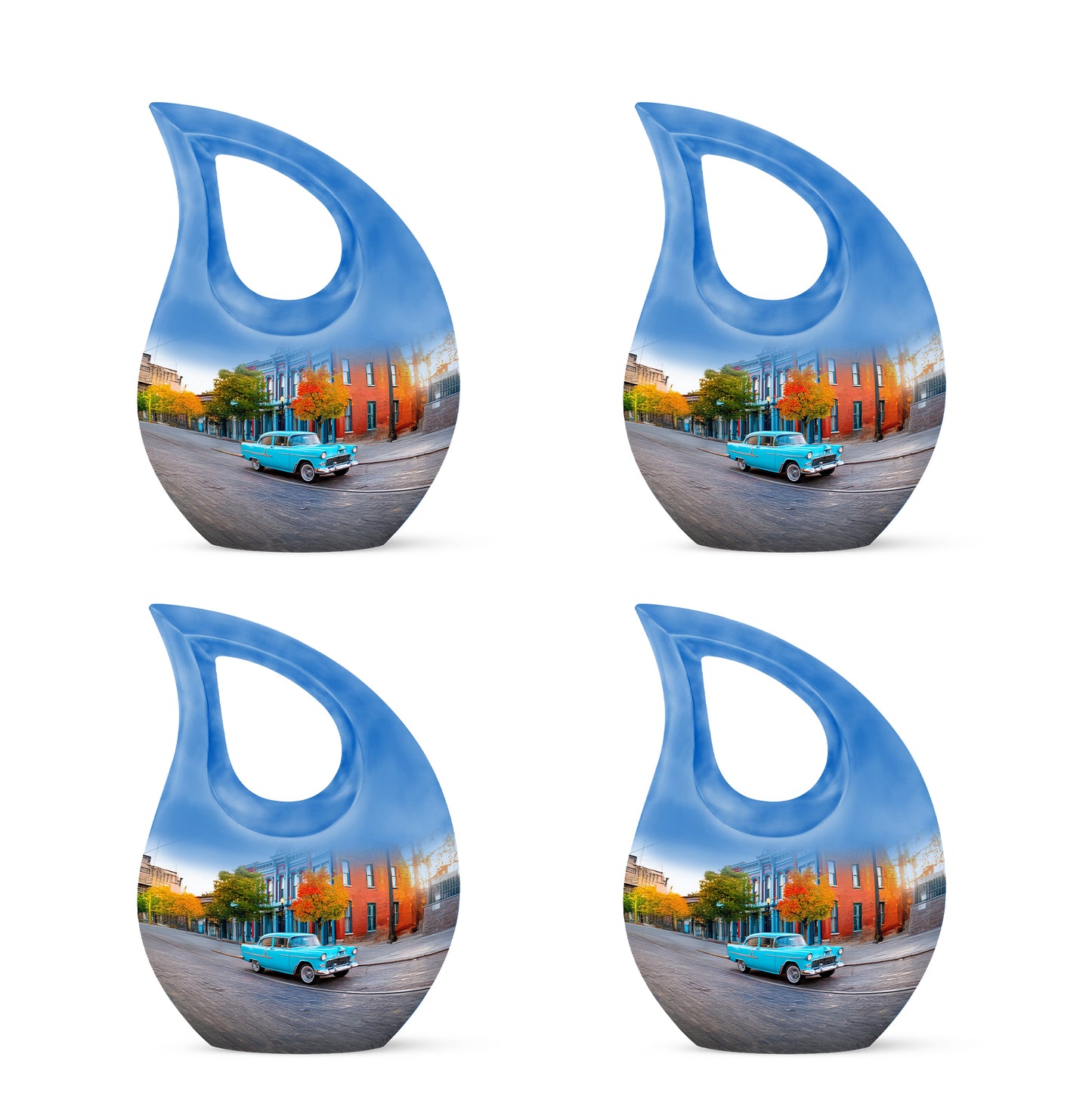 Moonlight Silver Car Cremation Urn lifestyle display on memorial shelf - faith-inspired cross-drop urn with car pattern - 10 inch aluminum urn for cremated remains