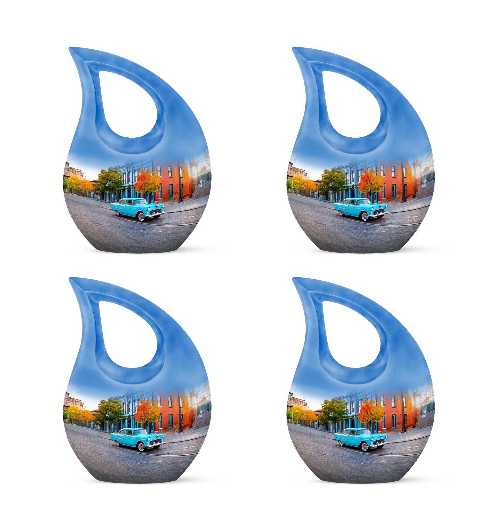 Moonlight Silver Car Cremation Urn lifestyle display on memorial shelf - faith-inspired cross-drop urn with car pattern - 10 inch aluminum urn for cremated remains