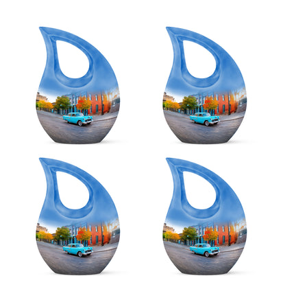 Moonlight Silver Car Cremation Urn lifestyle display on memorial shelf - faith-inspired cross-drop urn with car pattern - 10 inch aluminum urn for cremated remains