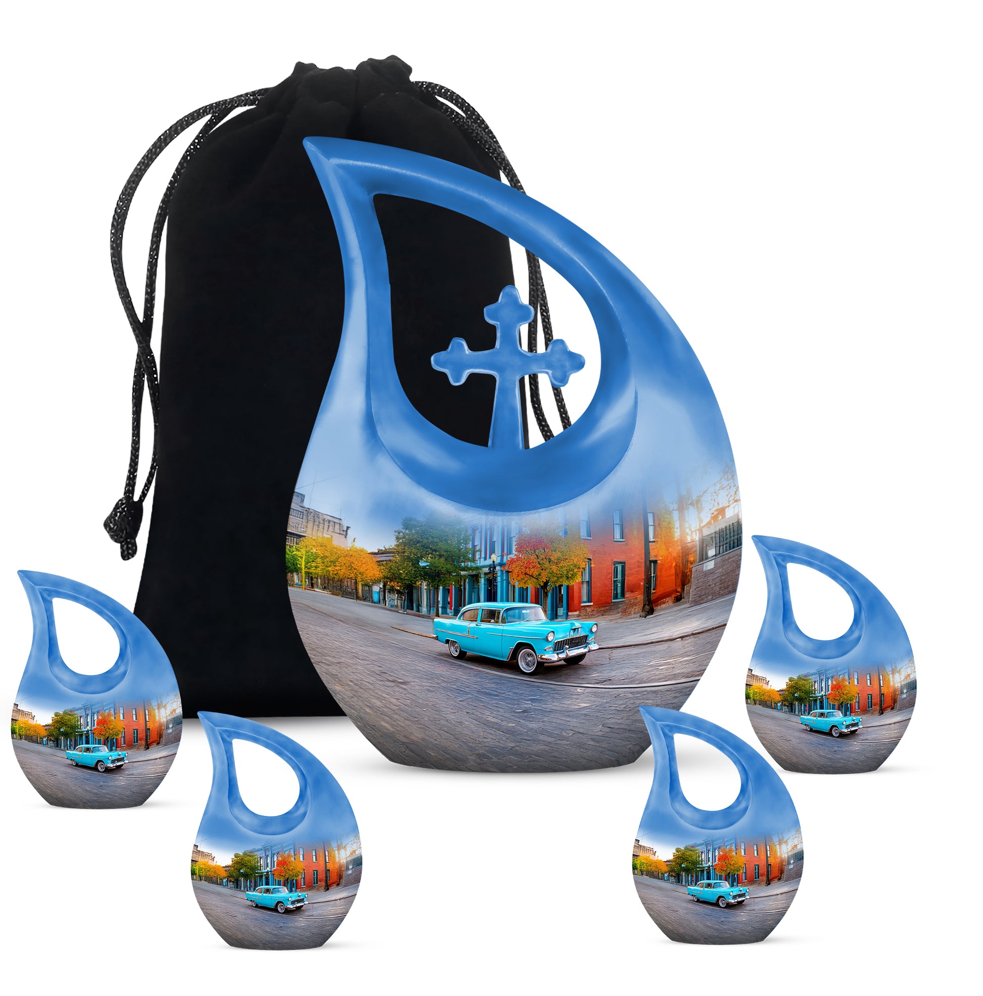 Chrome Silver Car Cremation Urn urn with complimentary velvet bag - faith-inspired cross-drop urn with car pattern - memorial set with one large and four small urns