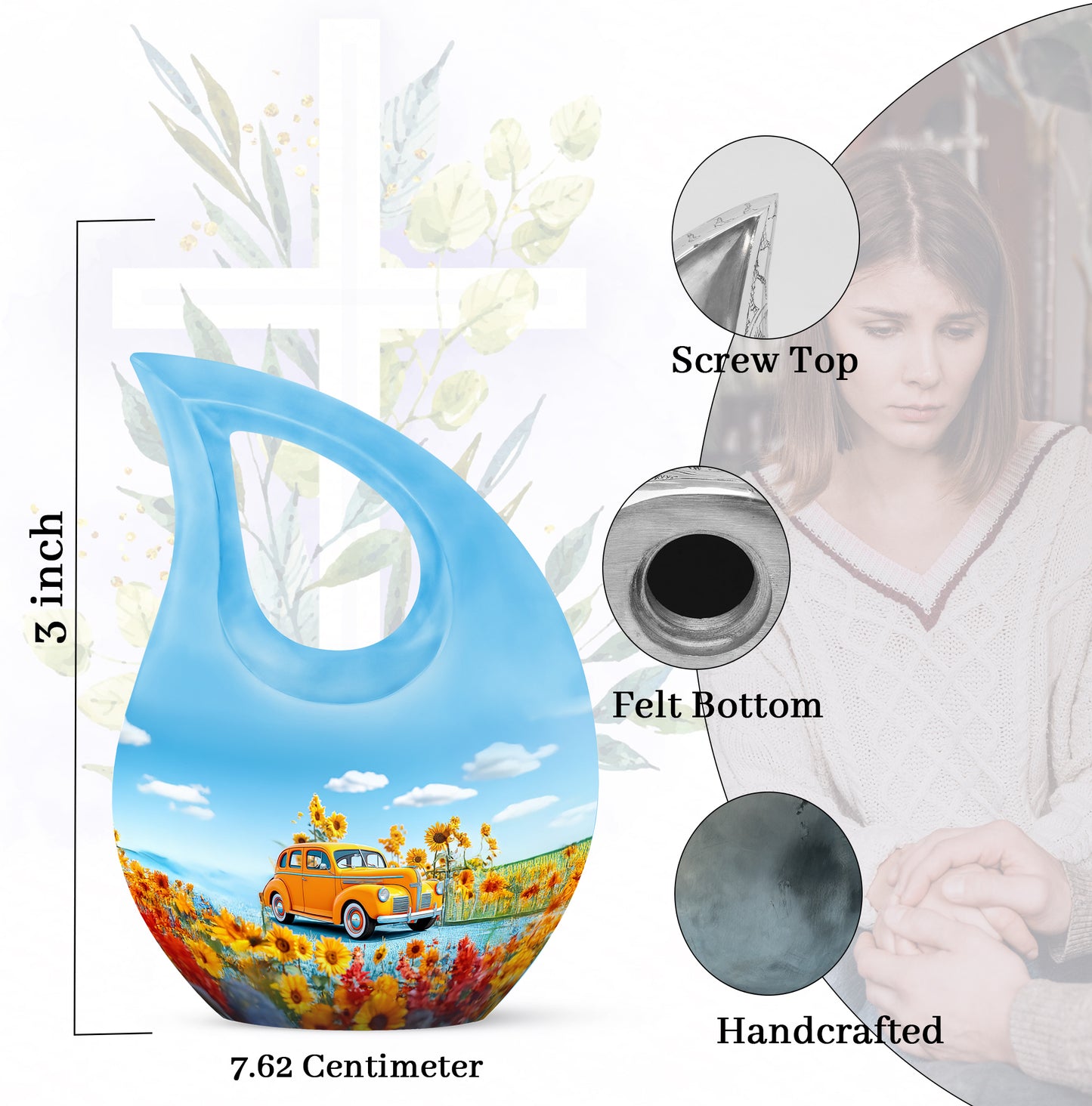 Cobalt Blue Car Cremation Urn back view with polished surface - faith-inspired cross-drop urn with car pattern - mini keepsake memorial for portion of cremation ashes
