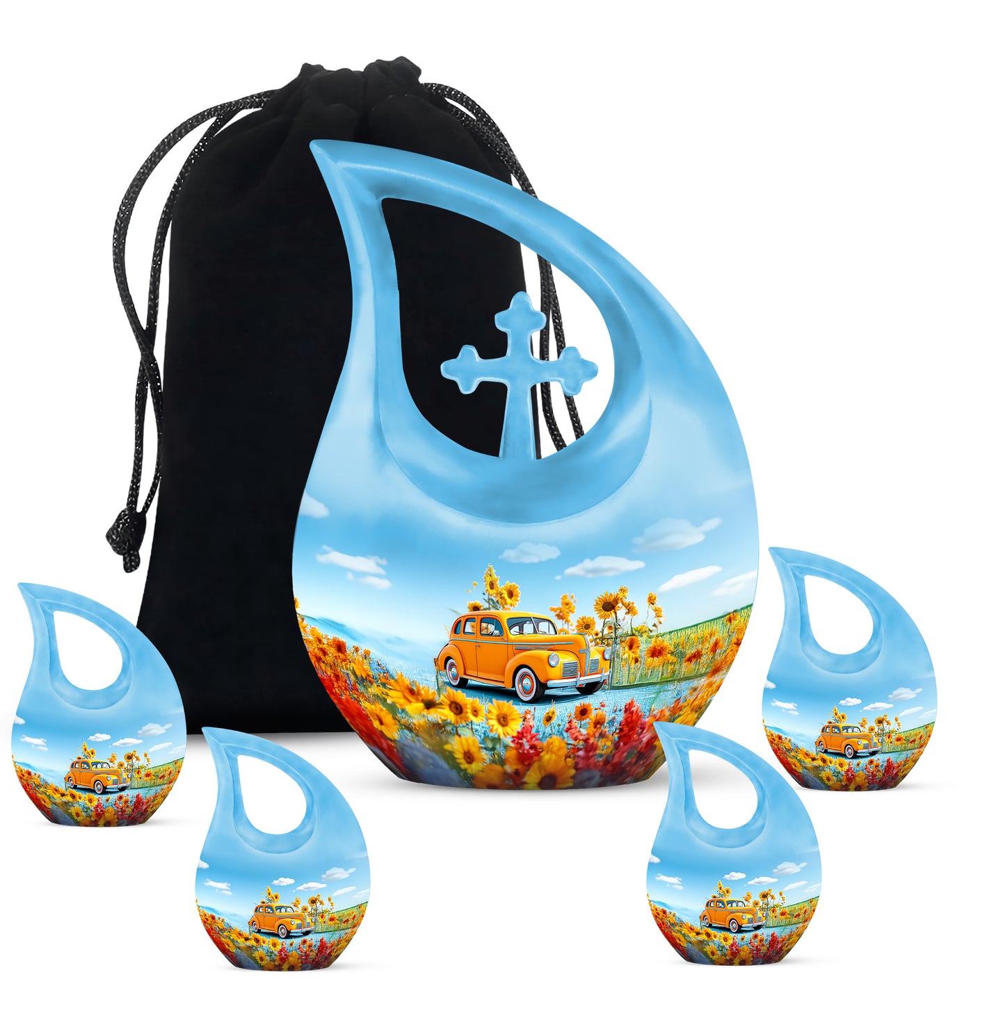 Twilight Blue Car Cremation Urn urn with complimentary velvet bag - faith-inspired cross-drop urn with car pattern - memorial set with one large and four small urns