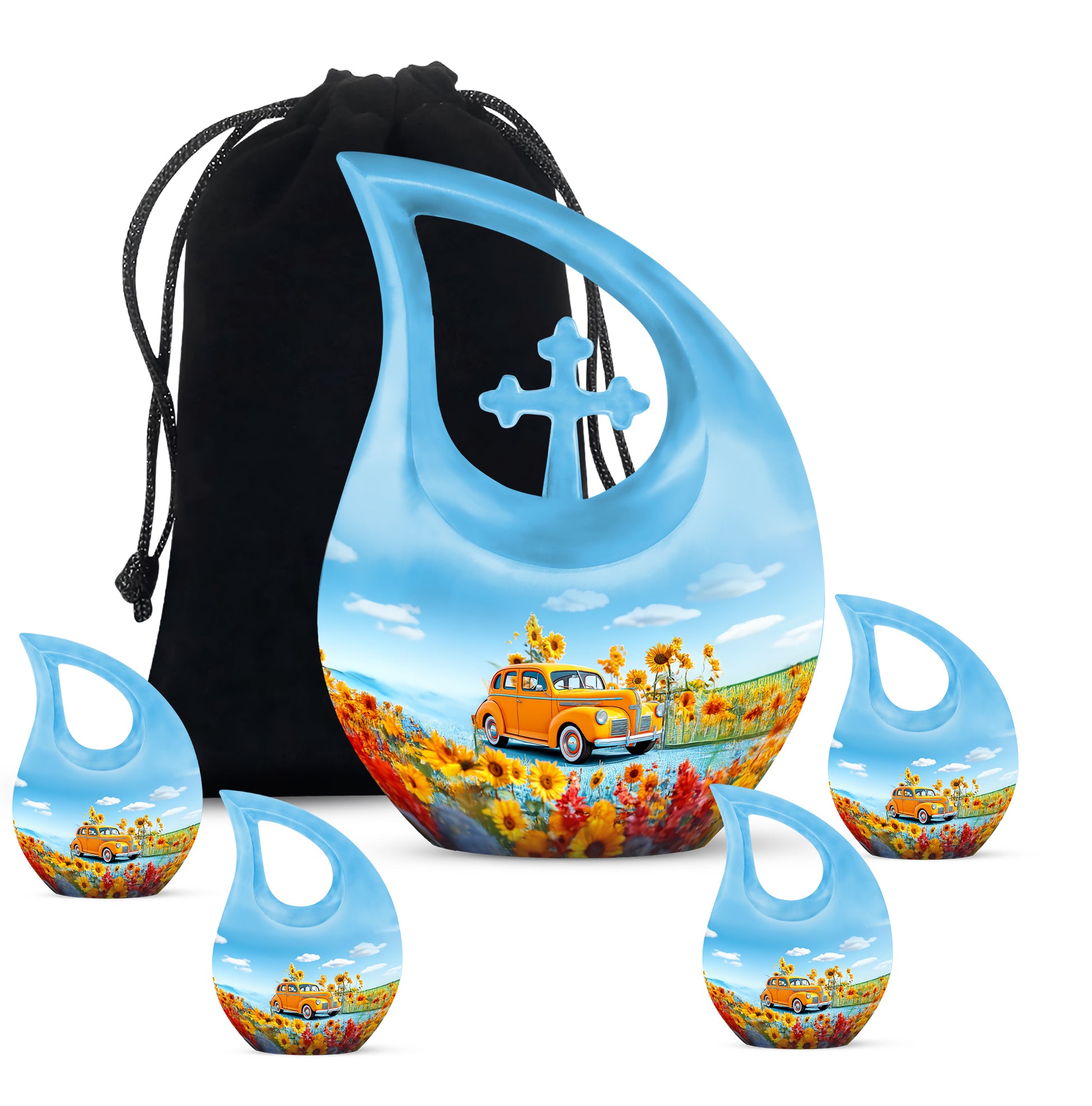 Twilight Blue Car Cremation Urn urn with complimentary velvet bag - faith-inspired cross-drop urn with car pattern - memorial set with one large and four small urns
