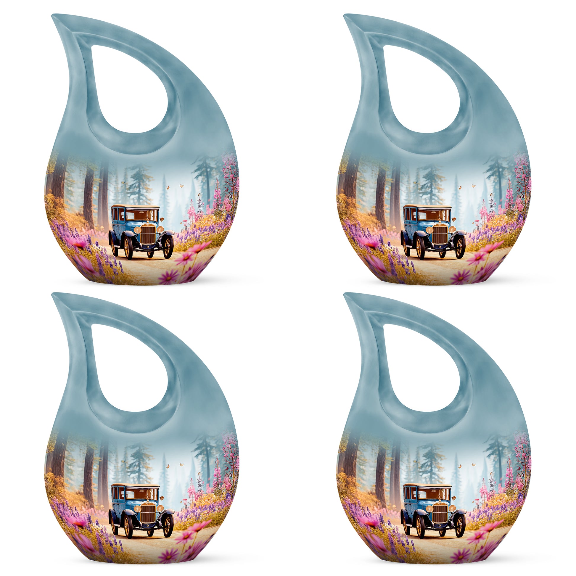 Mystic Teal Car Cremation Urn lifestyle display on memorial shelf - faith-inspired cross-drop urn with car pattern - 10 inch aluminum urn for cremated remains
