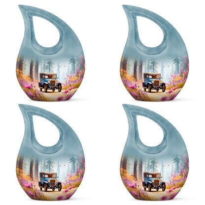 Mystic Teal Car Cremation Urn lifestyle display on memorial shelf - faith-inspired cross-drop urn with car pattern - 10 inch aluminum urn for cremated remains