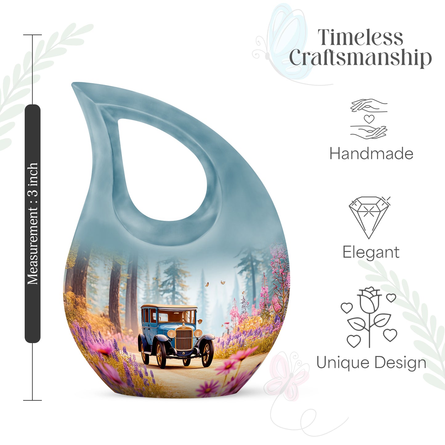 Mystic Teal Car Cremation Urn back view with polished surface - devotional cross-drop car engraving - mini keepsake memorial for portion of cremation ashes