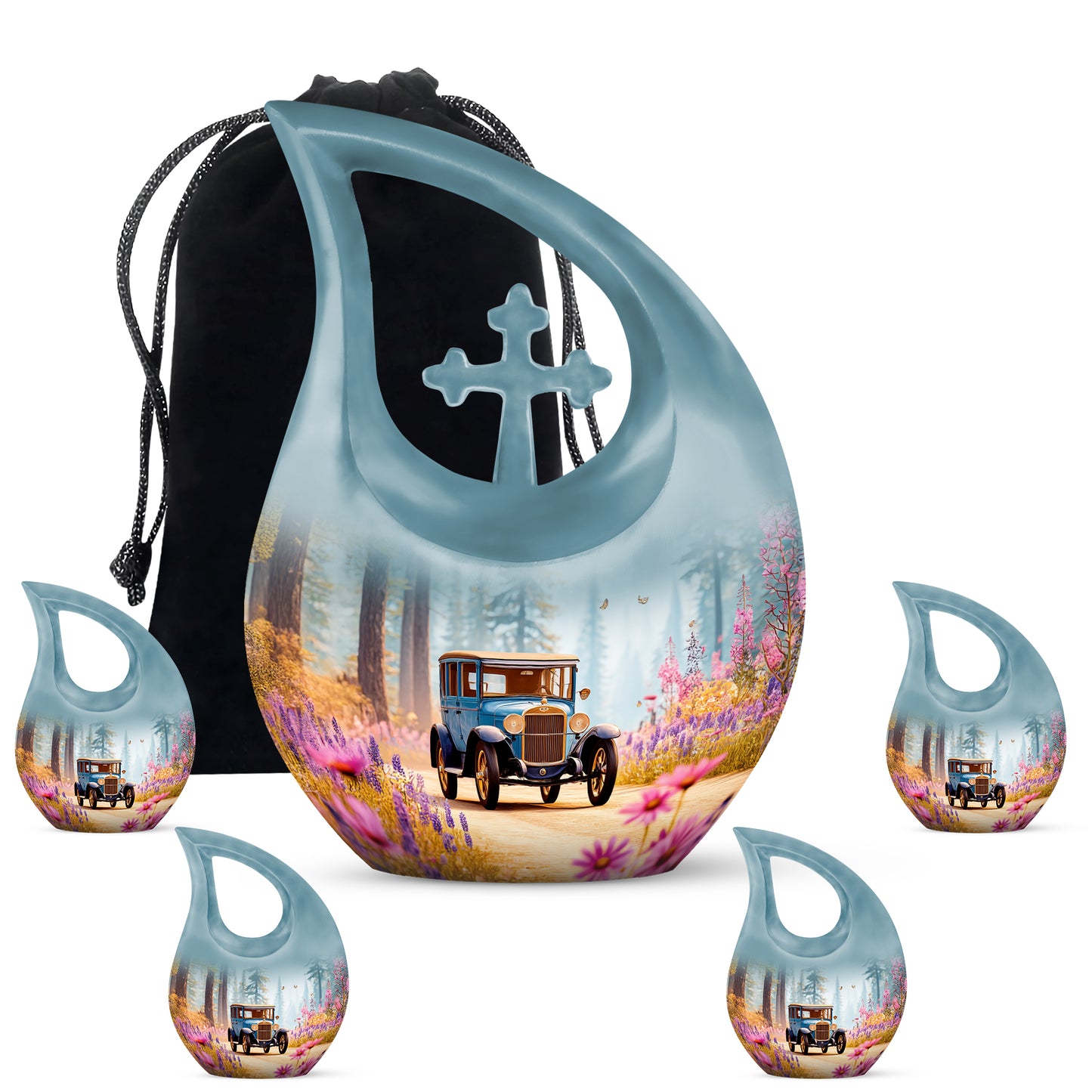 Soft Teal Car Cremation Urn urn with complimentary velvet bag - sacred cross merged with car motif on metal - memorial set with one large and four small urns