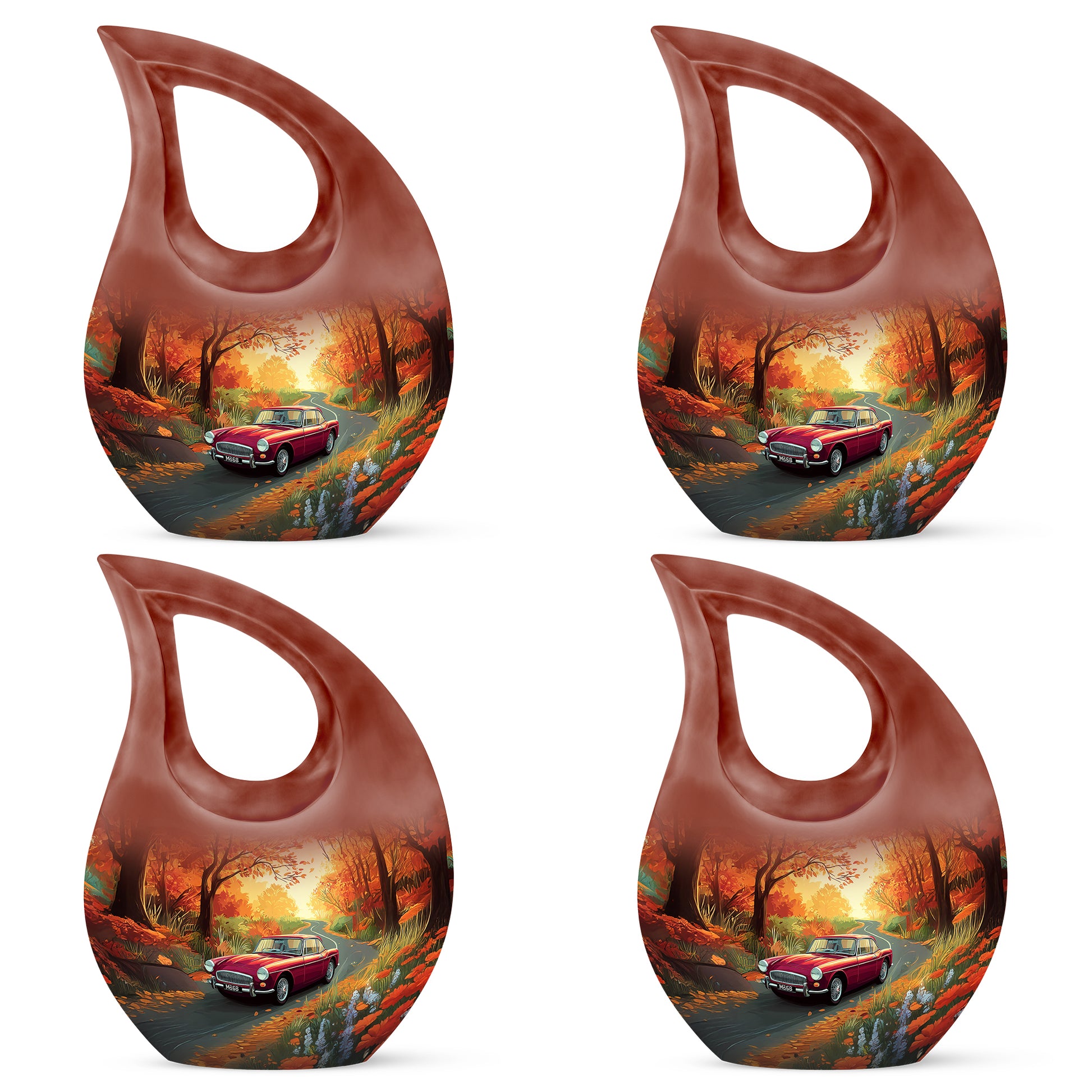 Amber Gold Car Cremation Urn lifestyle display on memorial shelf - sacred cross merged with car motif on metal - 10 inch aluminum urn for cremated remains
