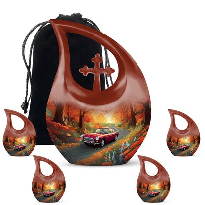 Burnished Gold Car Cremation Urn urn with complimentary velvet bag - faith-inspired cross-drop urn with car pattern - memorial set with one large and four small urns