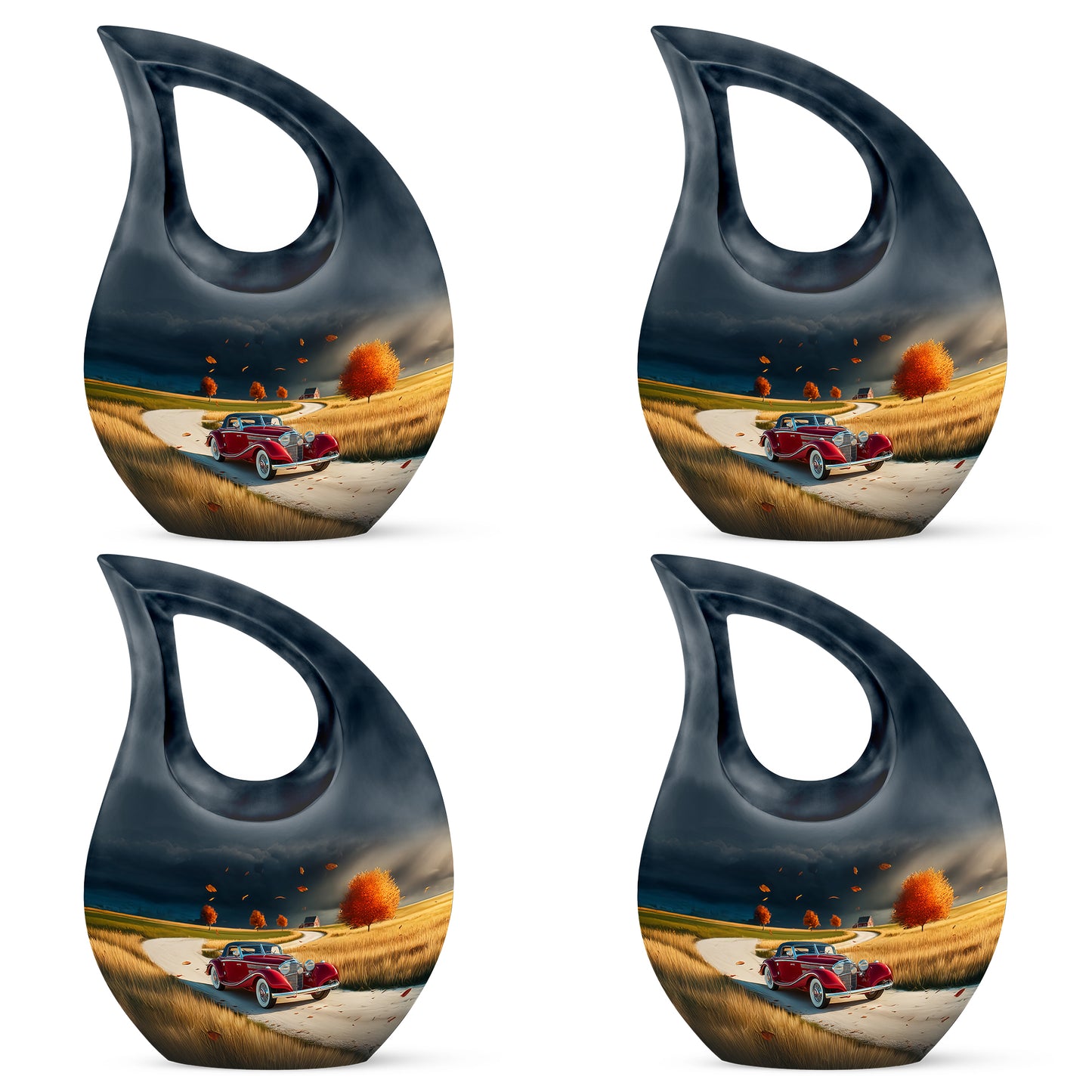 Sky Blue Car Cremation Urn lifestyle display on memorial shelf - sacred cross merged with car motif on metal - 10 inch aluminum urn for cremated remains