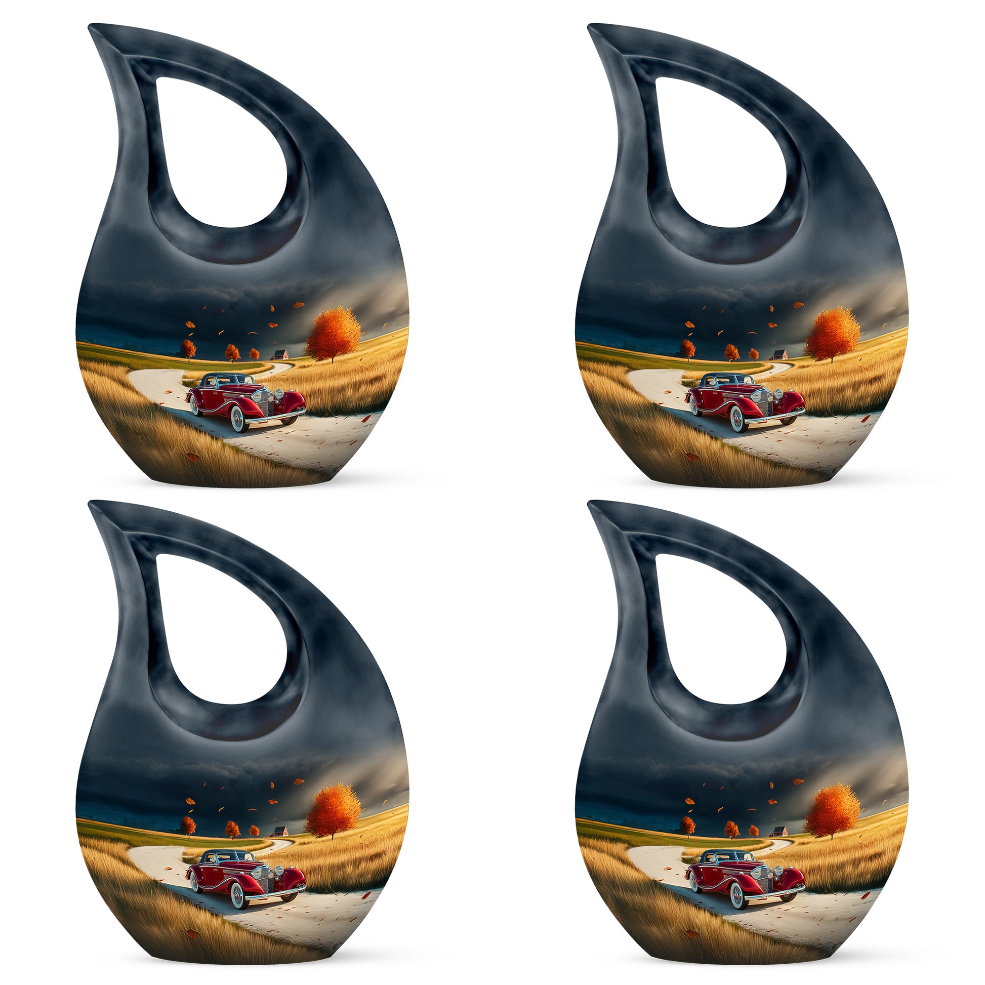 Sky Blue Car Cremation Urn lifestyle display on memorial shelf - sacred cross merged with car motif on metal - 10 inch aluminum urn for cremated remains