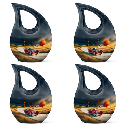 Sky Blue Car Cremation Urn lifestyle display on memorial shelf - sacred cross merged with car motif on metal - 10 inch aluminum urn for cremated remains