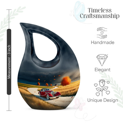 Slate Blue Car Cremation Urn back view with polished surface - cross and car combined in spiritual memorial design - mini keepsake memorial for portion of cremation ashes