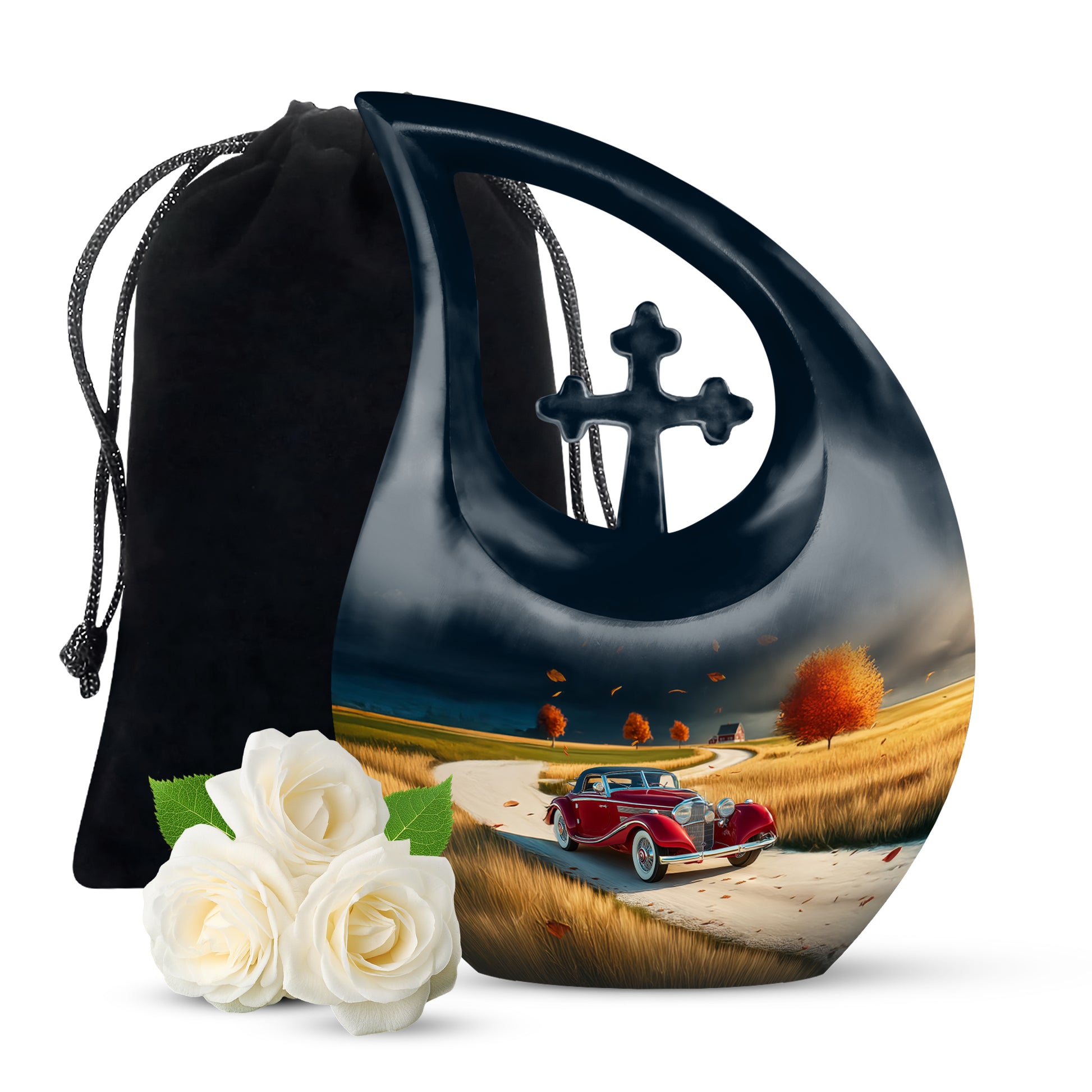 Sapphire Blue Car Cremation Urn top-down view of secure threaded lid - devotional cross-drop car engraving - full-size 10 inch 200 cubic inch adult cremation urn