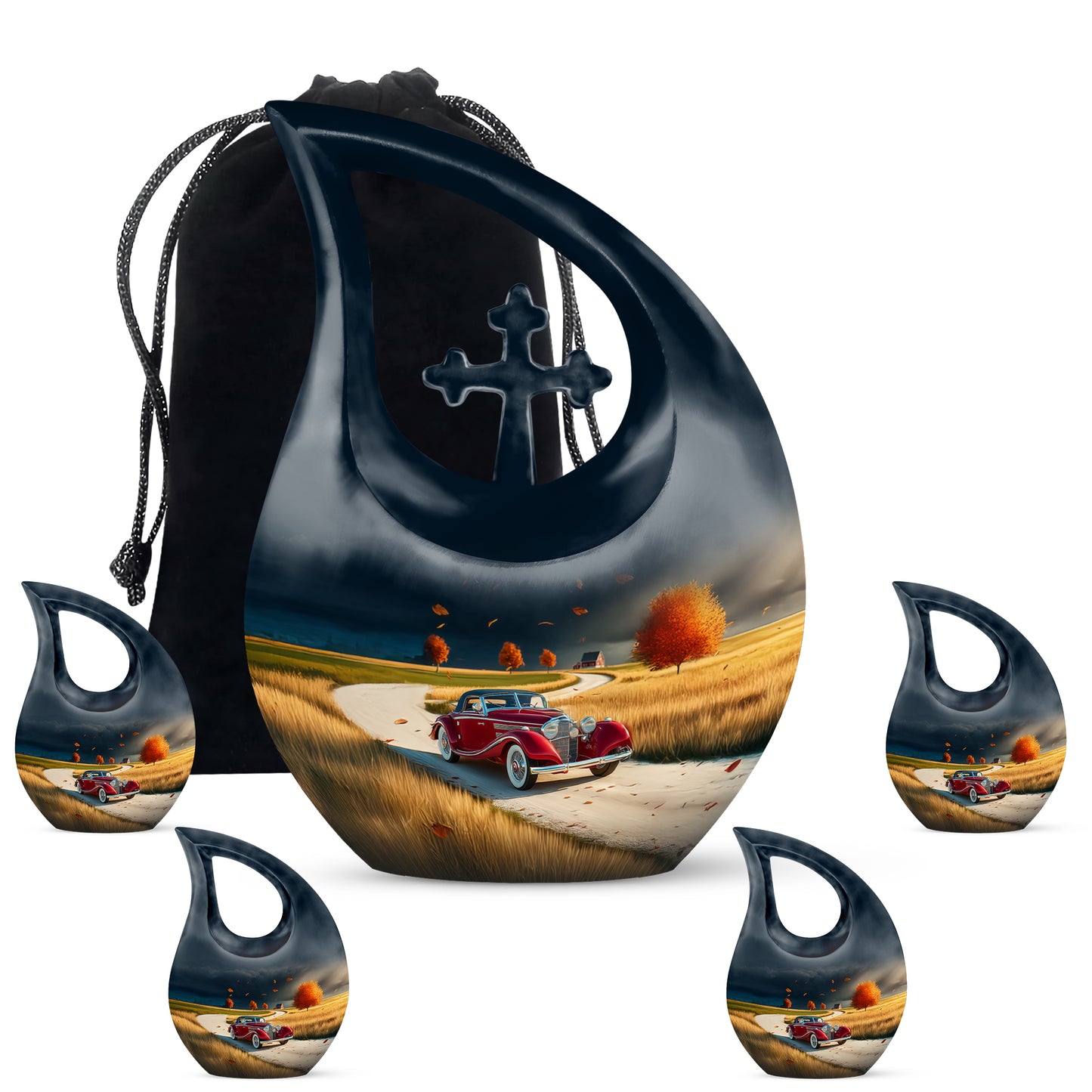 Misty Blue Car Cremation Urn urn with complimentary velvet bag - sacred cross merged with car motif on metal - memorial set with one large and four small urns