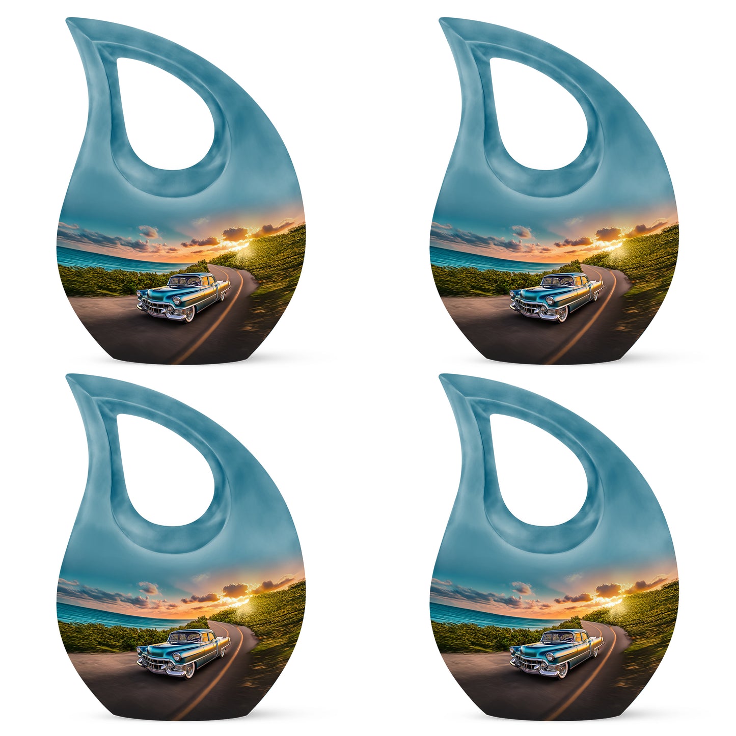 Powder Blue Car Cremation Urn lifestyle display on memorial shelf - sacred cross merged with car motif on metal - 10 inch aluminum urn for cremated remains