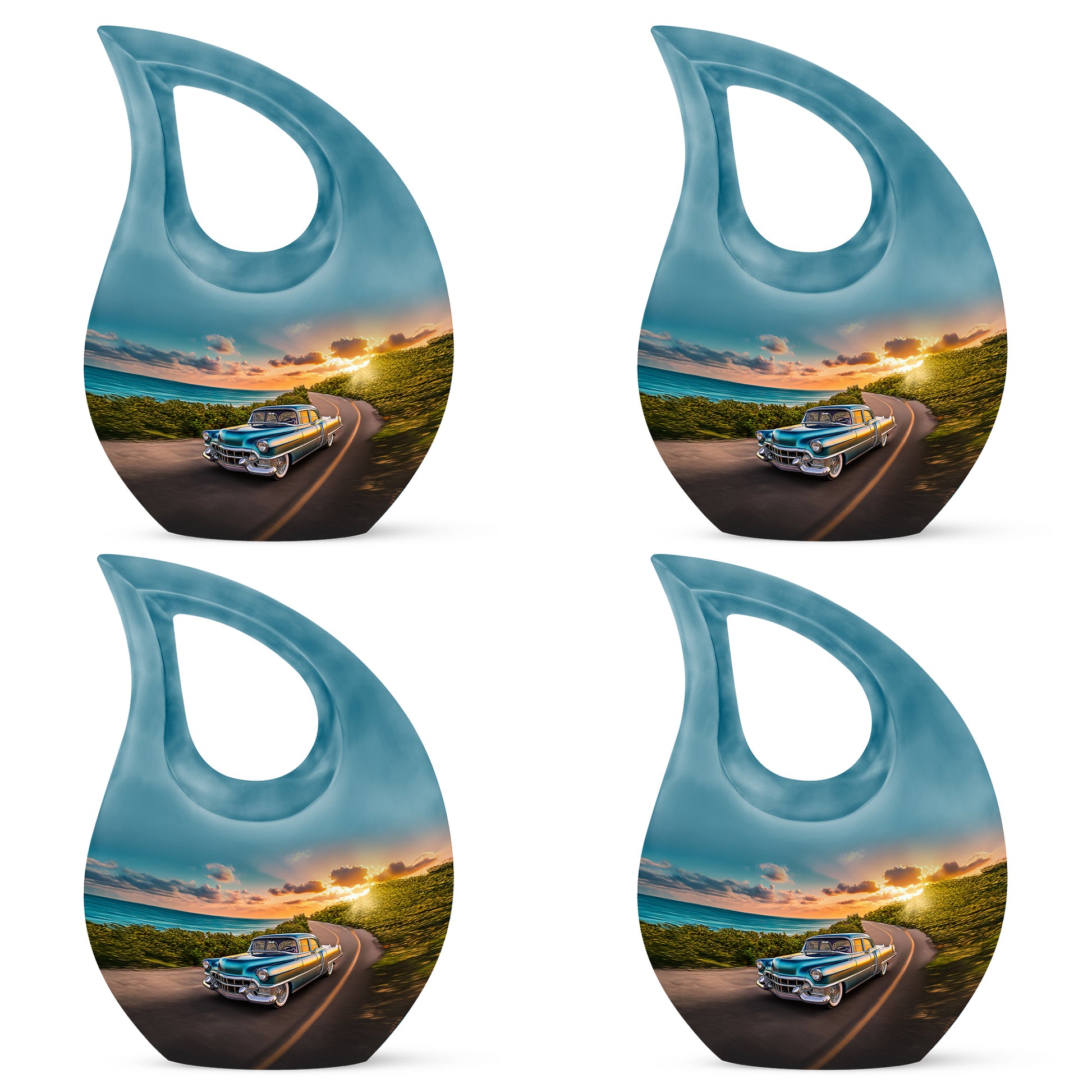 Powder Blue Car Cremation Urn lifestyle display on memorial shelf - sacred cross merged with car motif on metal - 10 inch aluminum urn for cremated remains