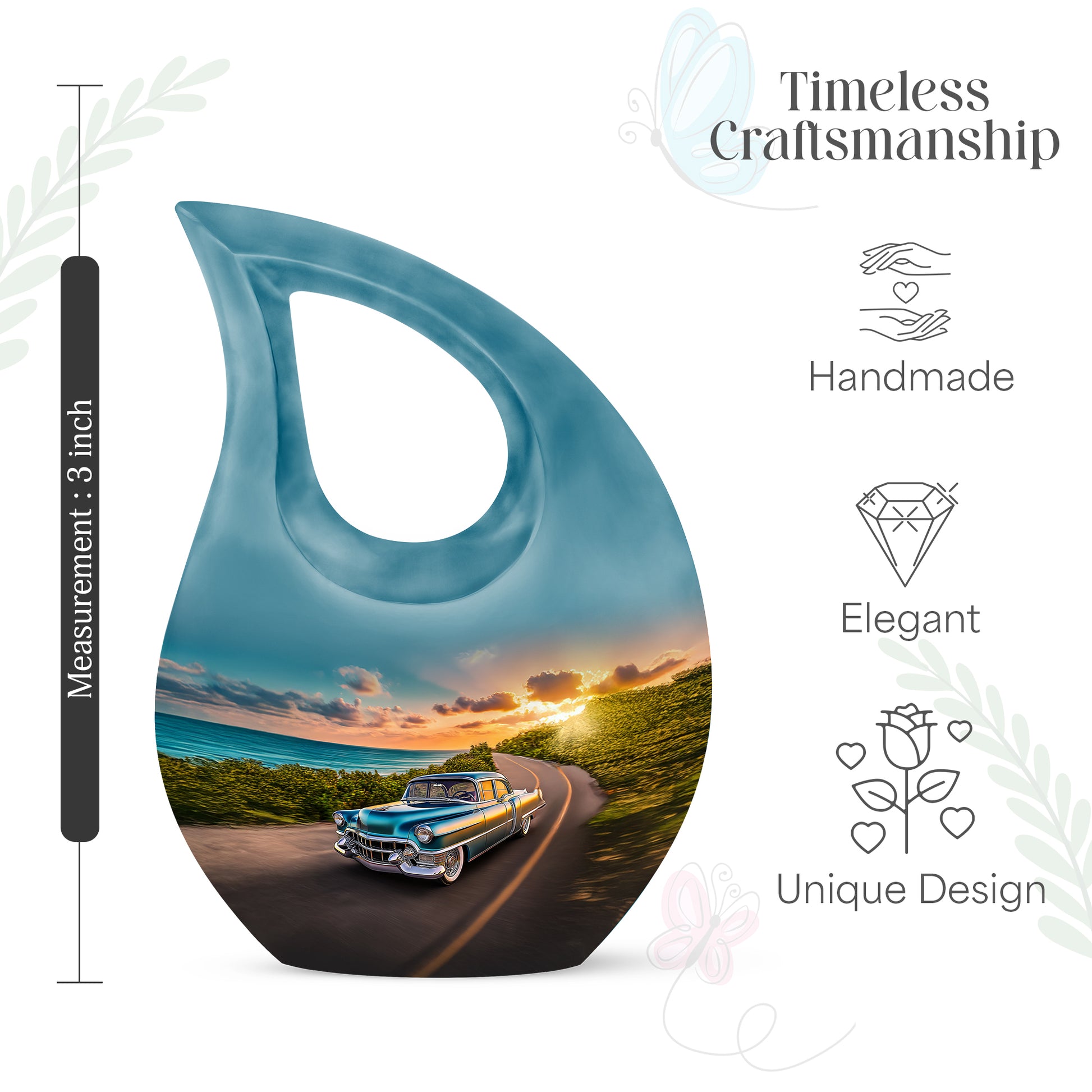 Cobalt Blue Car Cremation Urn back view with polished surface - faith-inspired cross-drop urn with car pattern - mini keepsake memorial for portion of cremation ashes