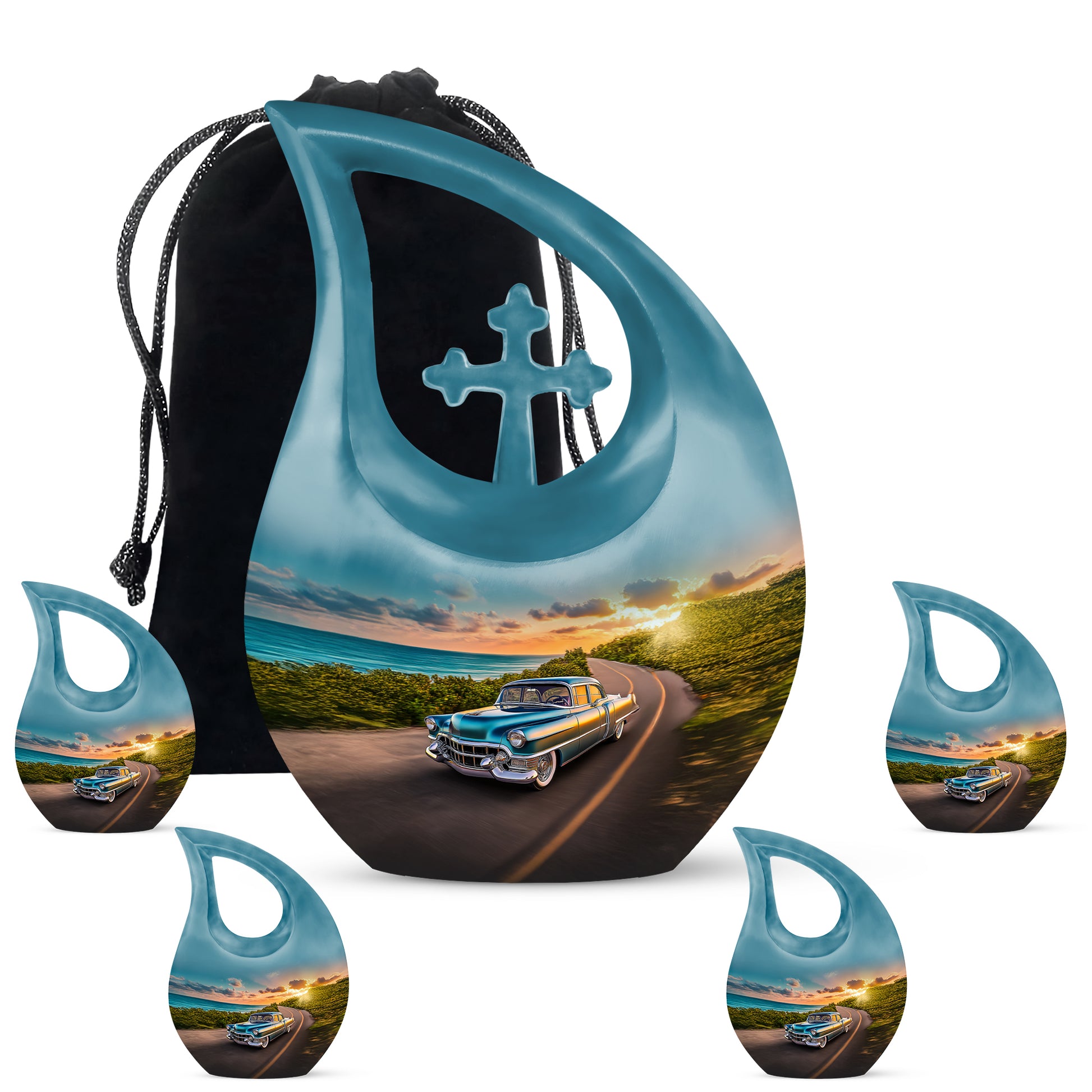 Calming Blue Car Cremation Urn urn with complimentary velvet bag - faith-inspired cross-drop urn with car pattern - memorial set with one large and four small urns