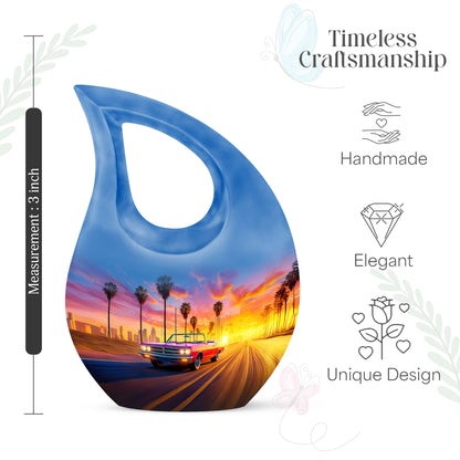 Soft Blue Car Cremation Urn back view with polished surface - faith-inspired cross-drop urn with car pattern - mini keepsake memorial for portion of cremation ashes