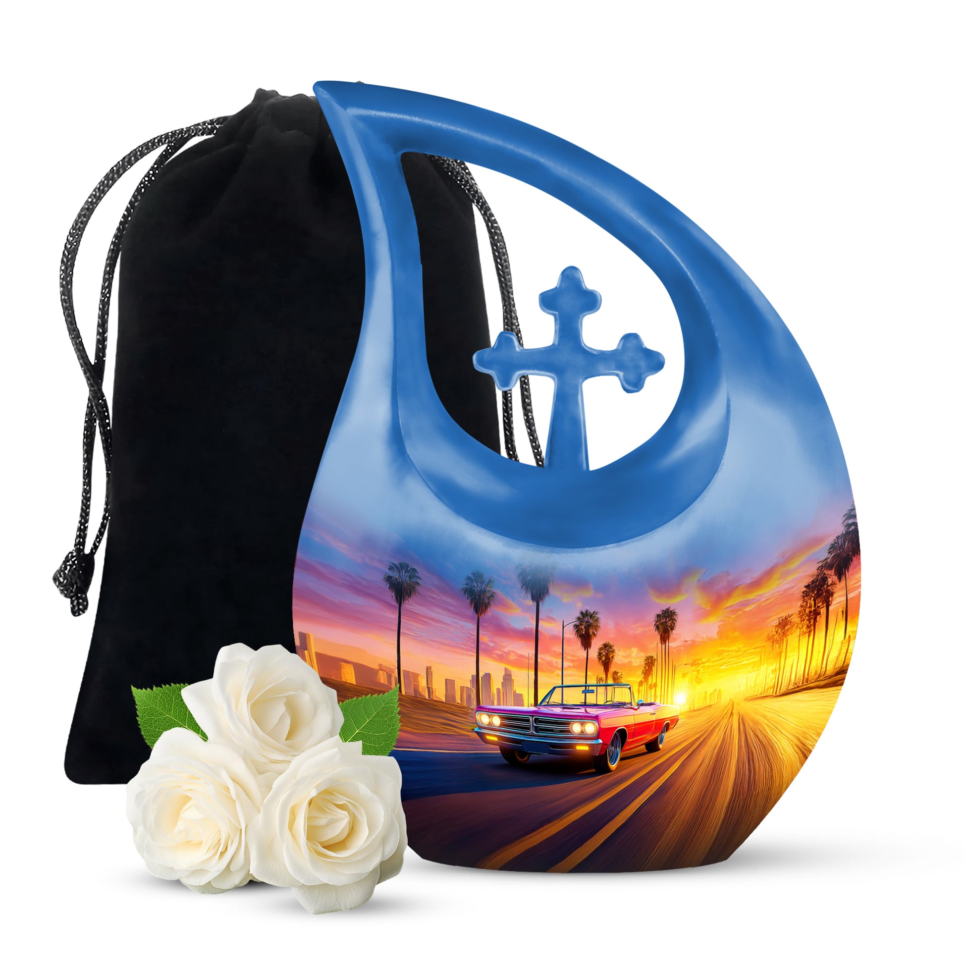 Azure Car Cremation Urn top-down view of secure threaded lid - sacred cross merged with car motif on metal - full-size 10 inch 200 cubic inch adult cremation urn