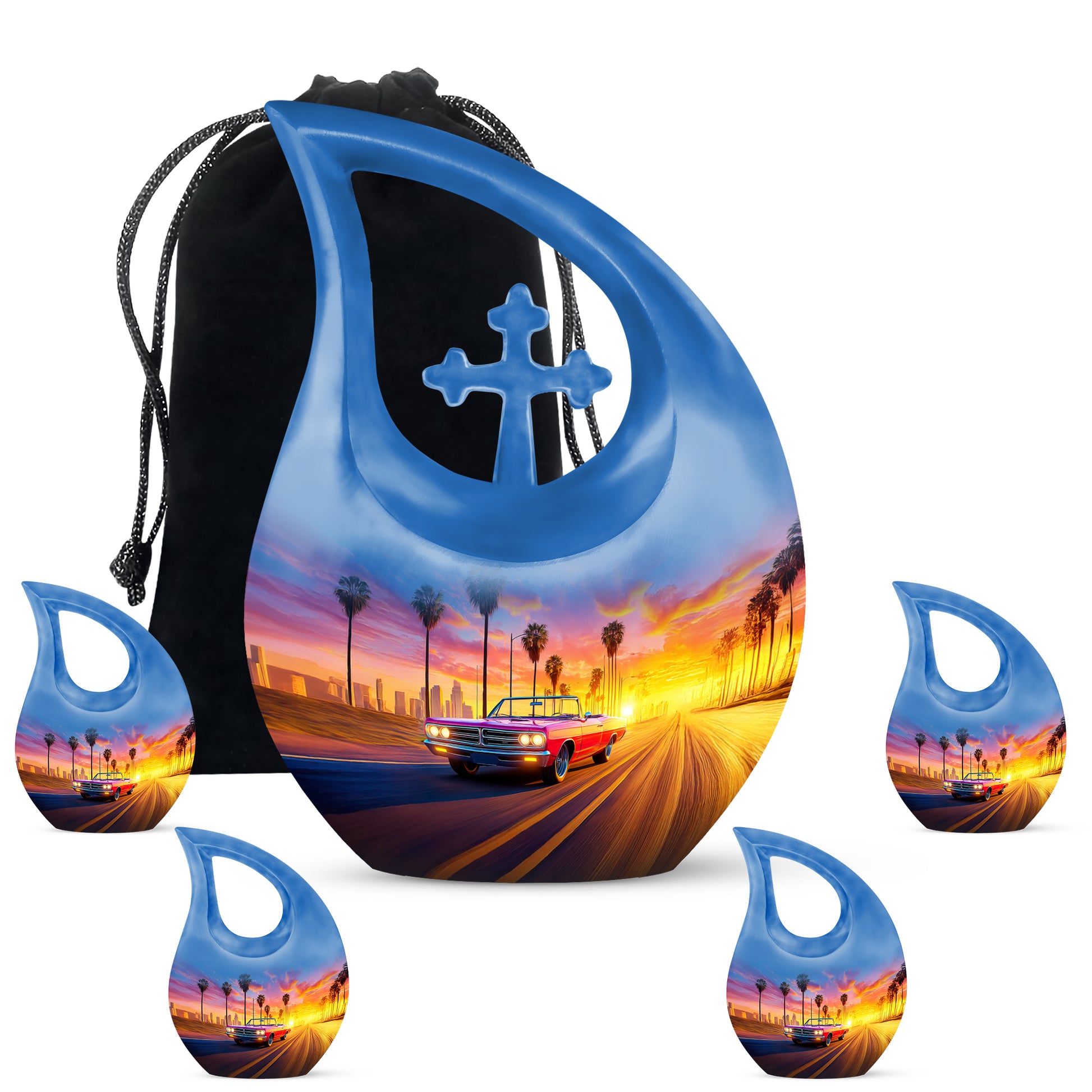 Sapphire Blue Car Cremation Urn urn with complimentary velvet bag - faith-inspired cross-drop urn with car pattern - memorial set with one large and four small urns