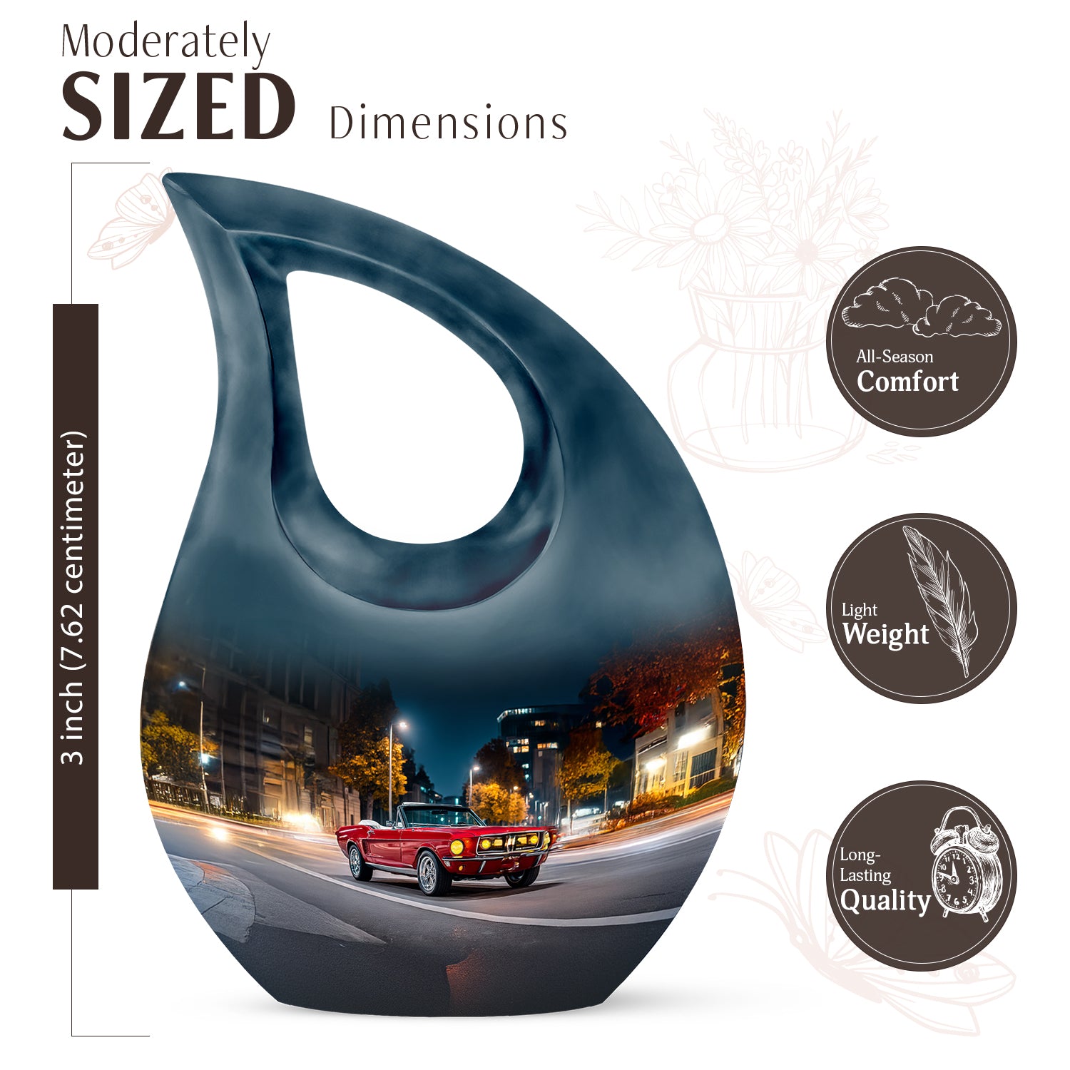 Cornflower Blue Car Cremation Urn back view with polished surface - faith-inspired cross-drop urn with car pattern - mini keepsake memorial for portion of cremation ashes