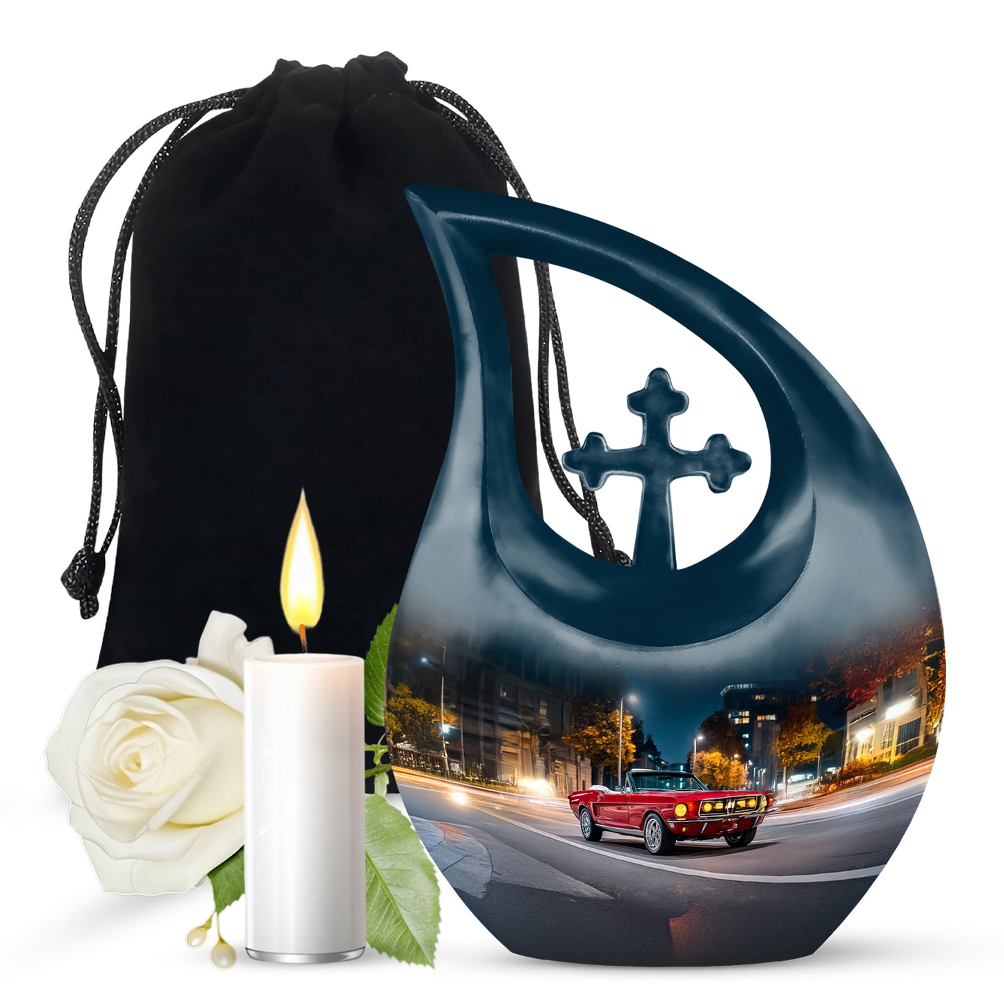 Calming Blue Car Cremation Urn top-down view of secure threaded lid - devotional cross-drop car engraving - full-size 10 inch 200 cubic inch adult cremation urn