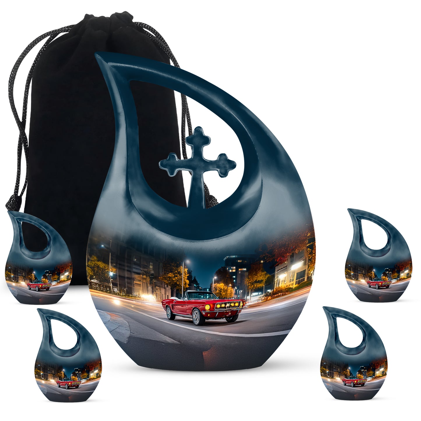 Vivid Blue Car Cremation Urn urn with complimentary velvet bag - faith-inspired cross-drop urn with car pattern - memorial set with one large and four small urns