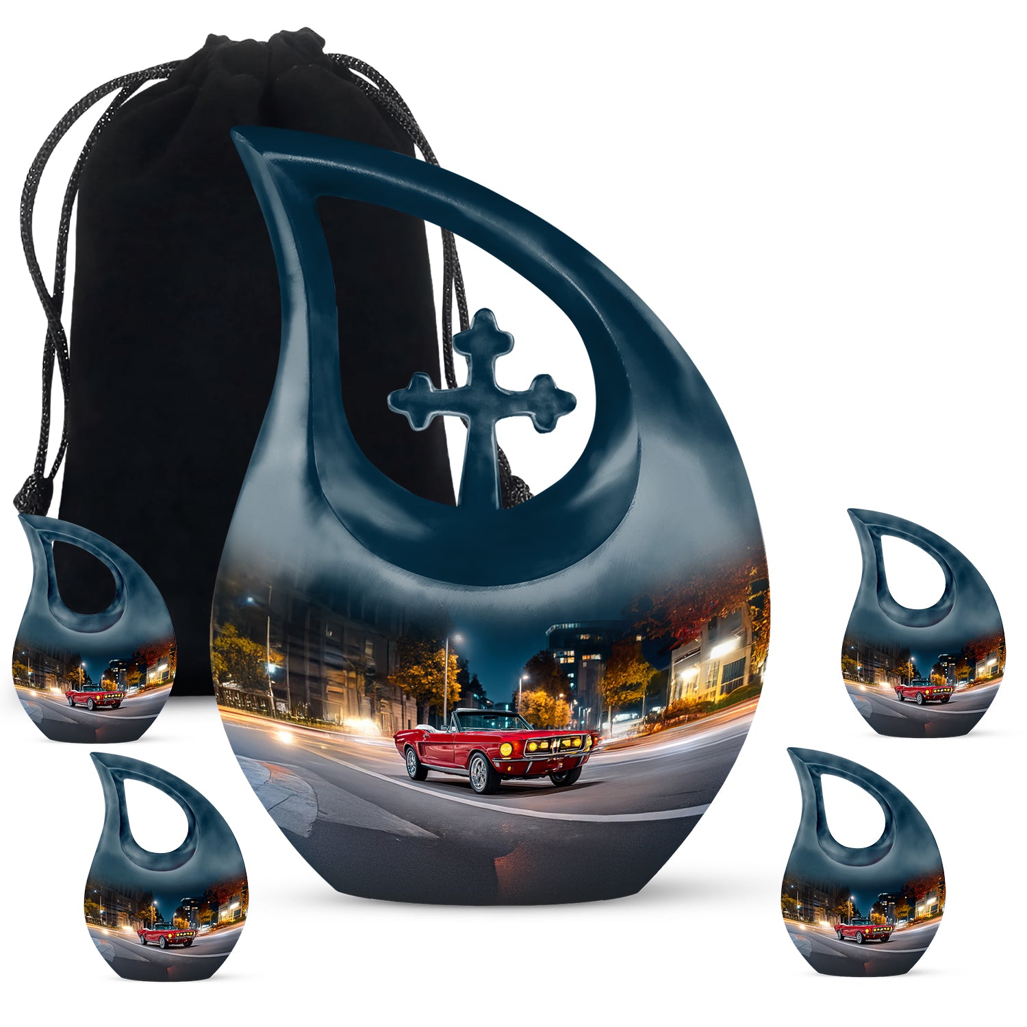 Vivid Blue Car Cremation Urn urn with complimentary velvet bag - faith-inspired cross-drop urn with car pattern - memorial set with one large and four small urns