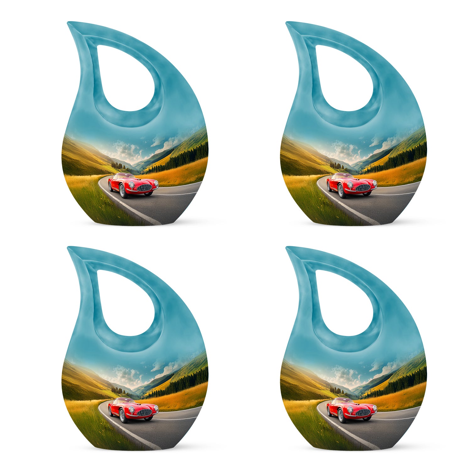 Calming Blue Car Cremation Urn lifestyle display on memorial shelf - devotional cross-drop car engraving - 10 inch aluminum urn for cremated remains