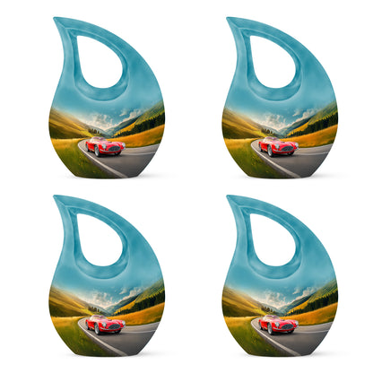 Calming Blue Car Cremation Urn lifestyle display on memorial shelf - devotional cross-drop car engraving - 10 inch aluminum urn for cremated remains
