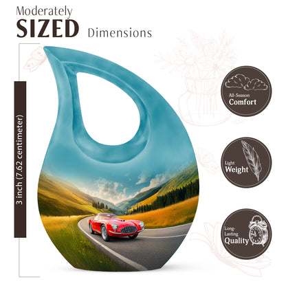 Calming Blue Car Cremation Urn back view with polished surface - faith-inspired cross-drop urn with car pattern - mini keepsake memorial for portion of cremation ashes
