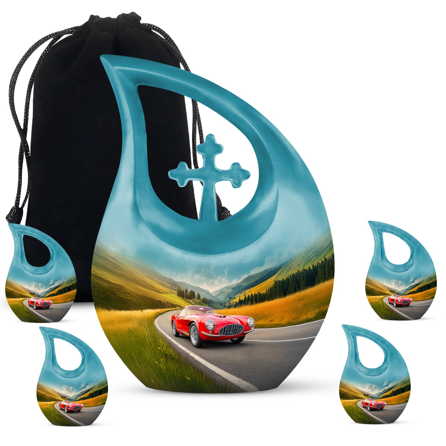 Slate Blue Car Cremation Urn urn with complimentary velvet bag - sacred cross merged with car motif on metal - memorial set with one large and four small urns