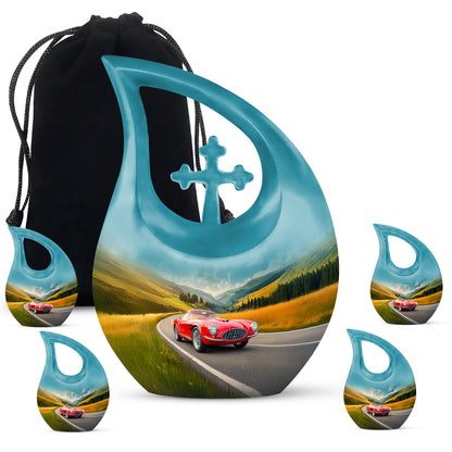 Slate Blue Car Cremation Urn urn with complimentary velvet bag - sacred cross merged with car motif on metal - memorial set with one large and four small urns