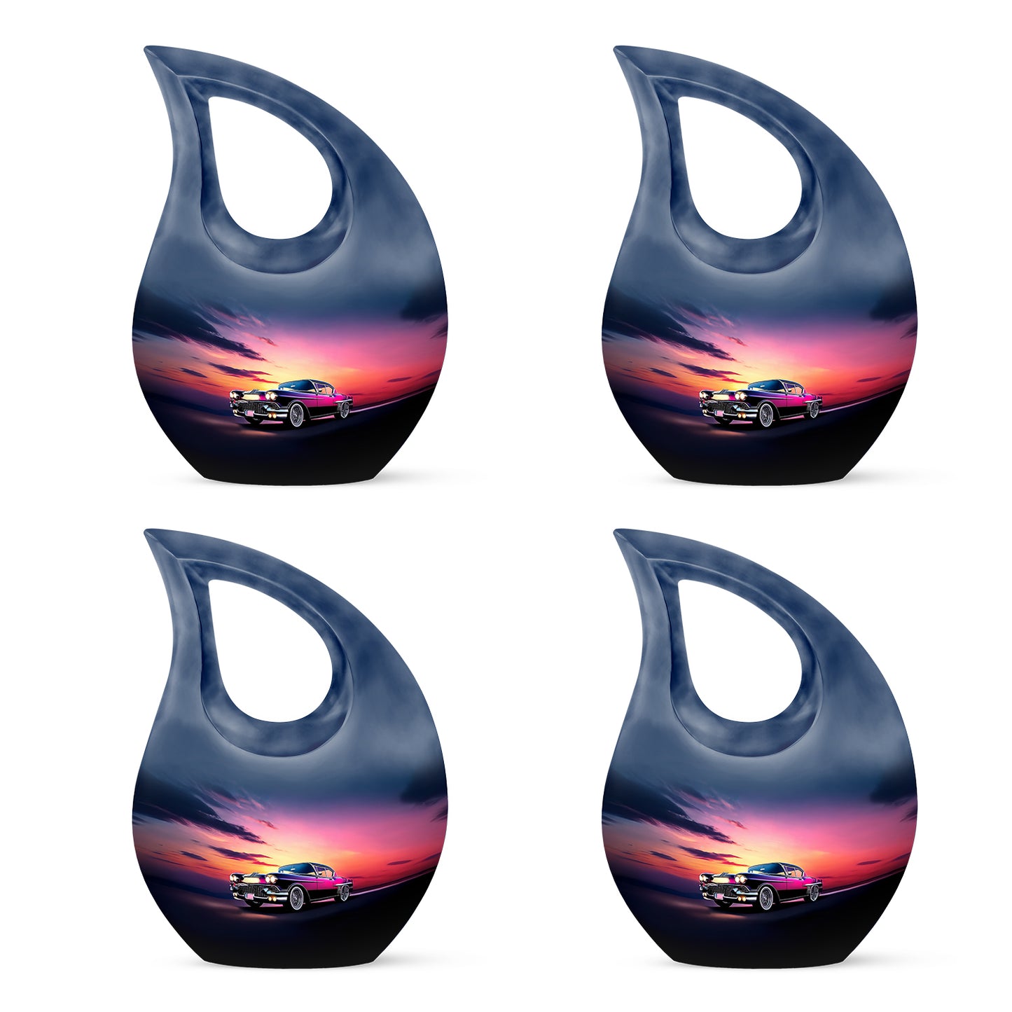 Azure Car Cremation Urn lifestyle display on memorial shelf - sacred cross merged with car motif on metal - 10 inch aluminum urn for cremated remains