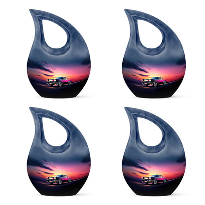 Azure Car Cremation Urn lifestyle display on memorial shelf - sacred cross merged with car motif on metal - 10 inch aluminum urn for cremated remains